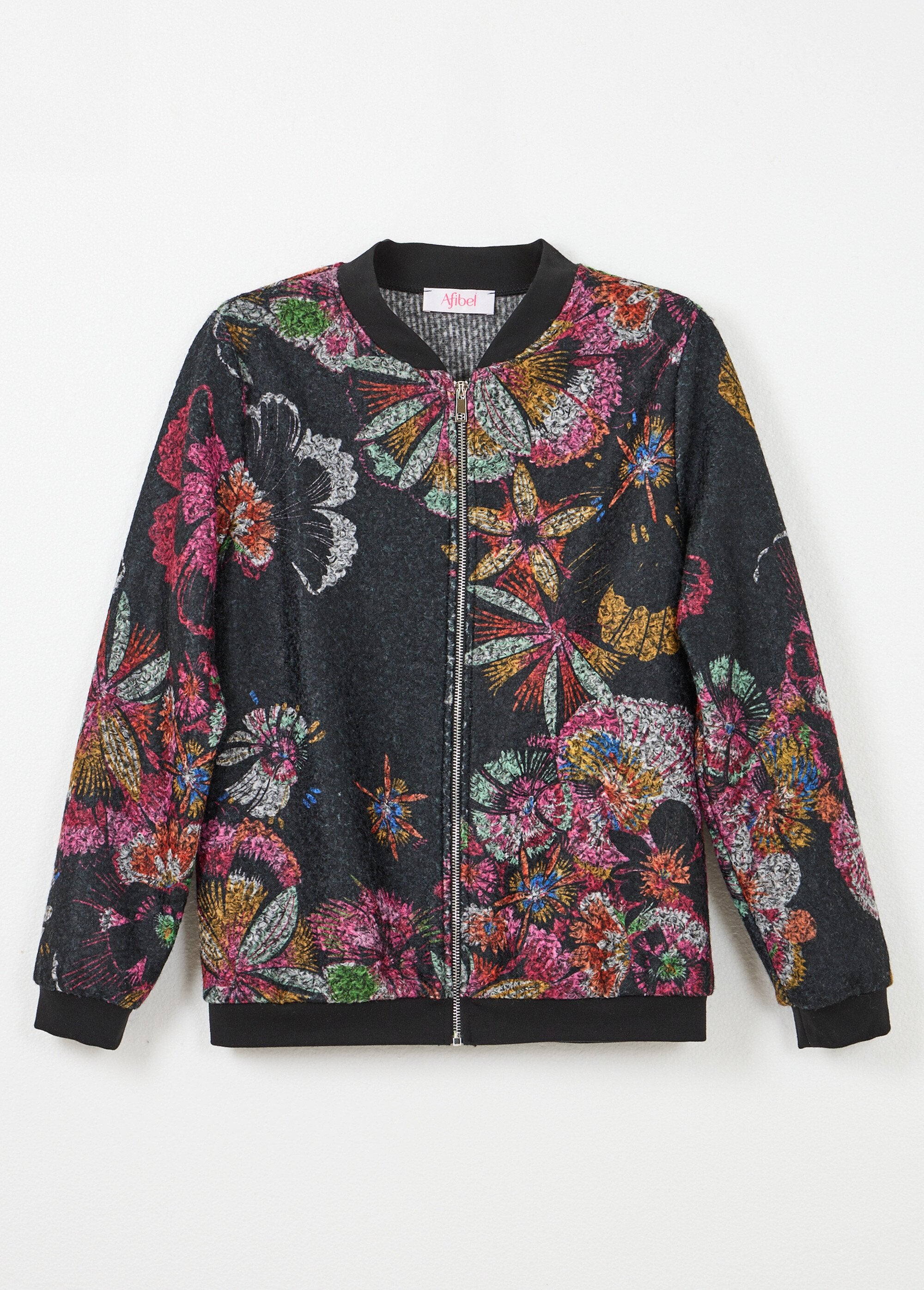 Blouson_esprit_bomber_tissu_bouclette_imprimé_Noir_et_rose_AP1_slim