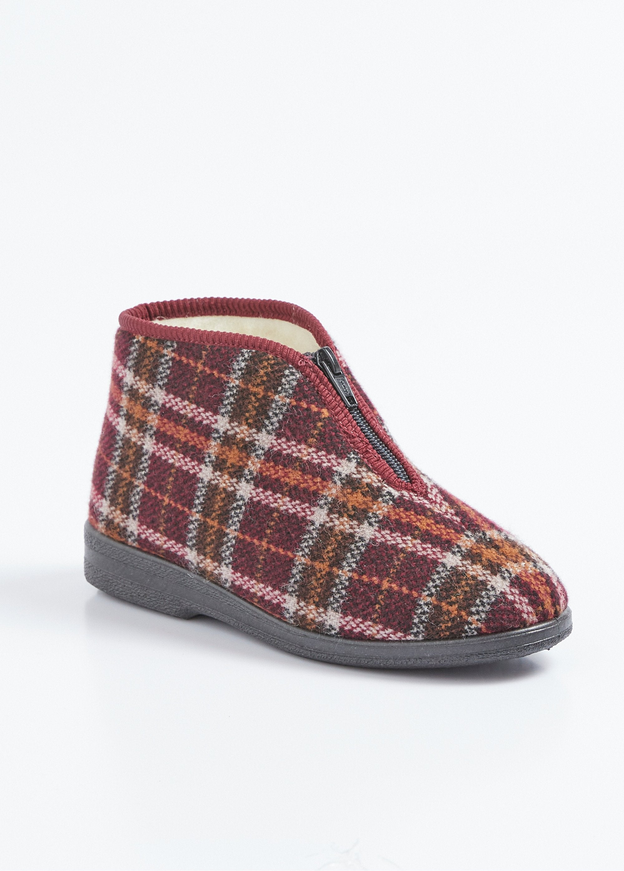 Chaussons_montants_zippés_fourrés_largeur_confort_écossais_Bordeaux_FA1_slim