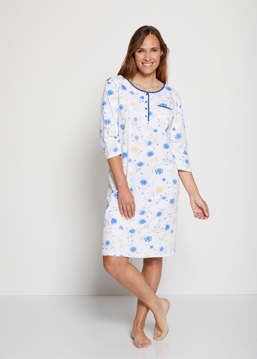 Chemise de nuit coton fleuri manches 3/4 Fond blanc | Afibel