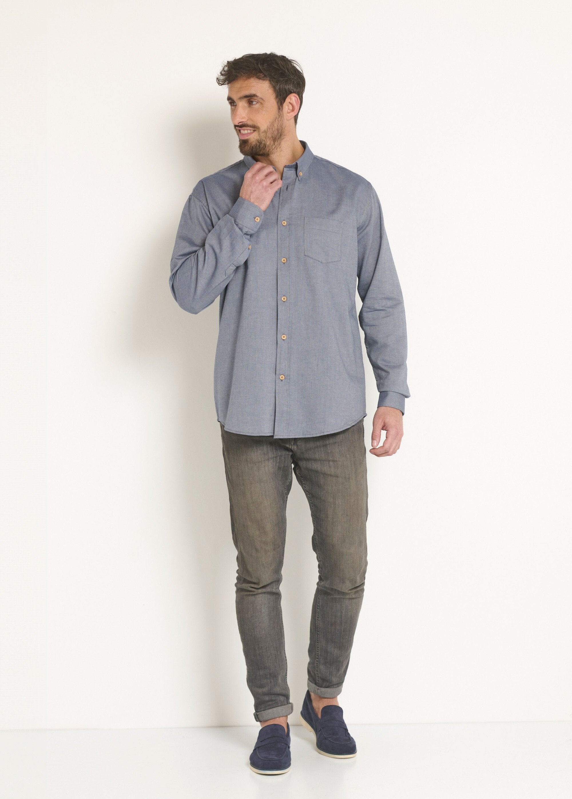 Chemise_manches_longues_coton_reliefé_Bleu_SF1_slim