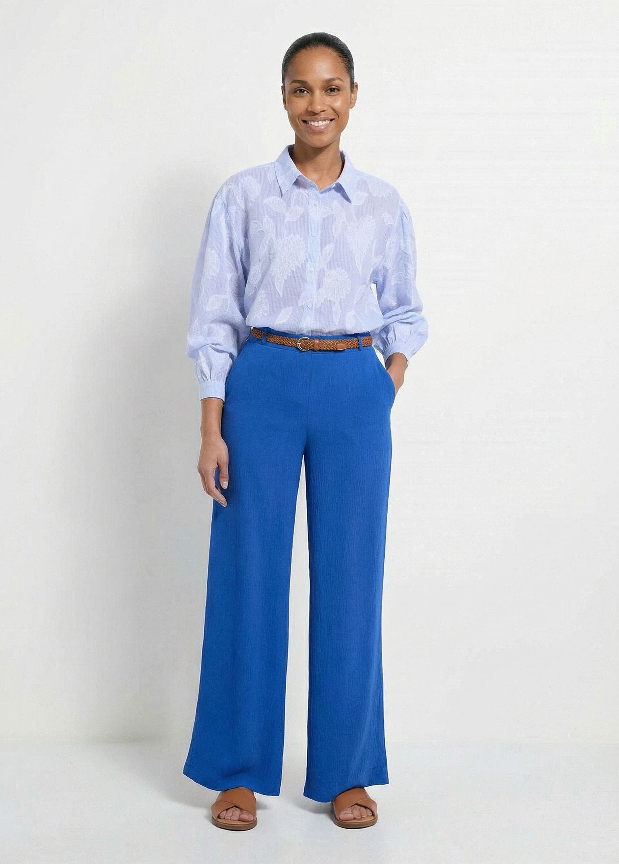 Lange_katoenen_blouse_met_strepen_en_jacquard_Bleu_et_blanc_SF1_slim