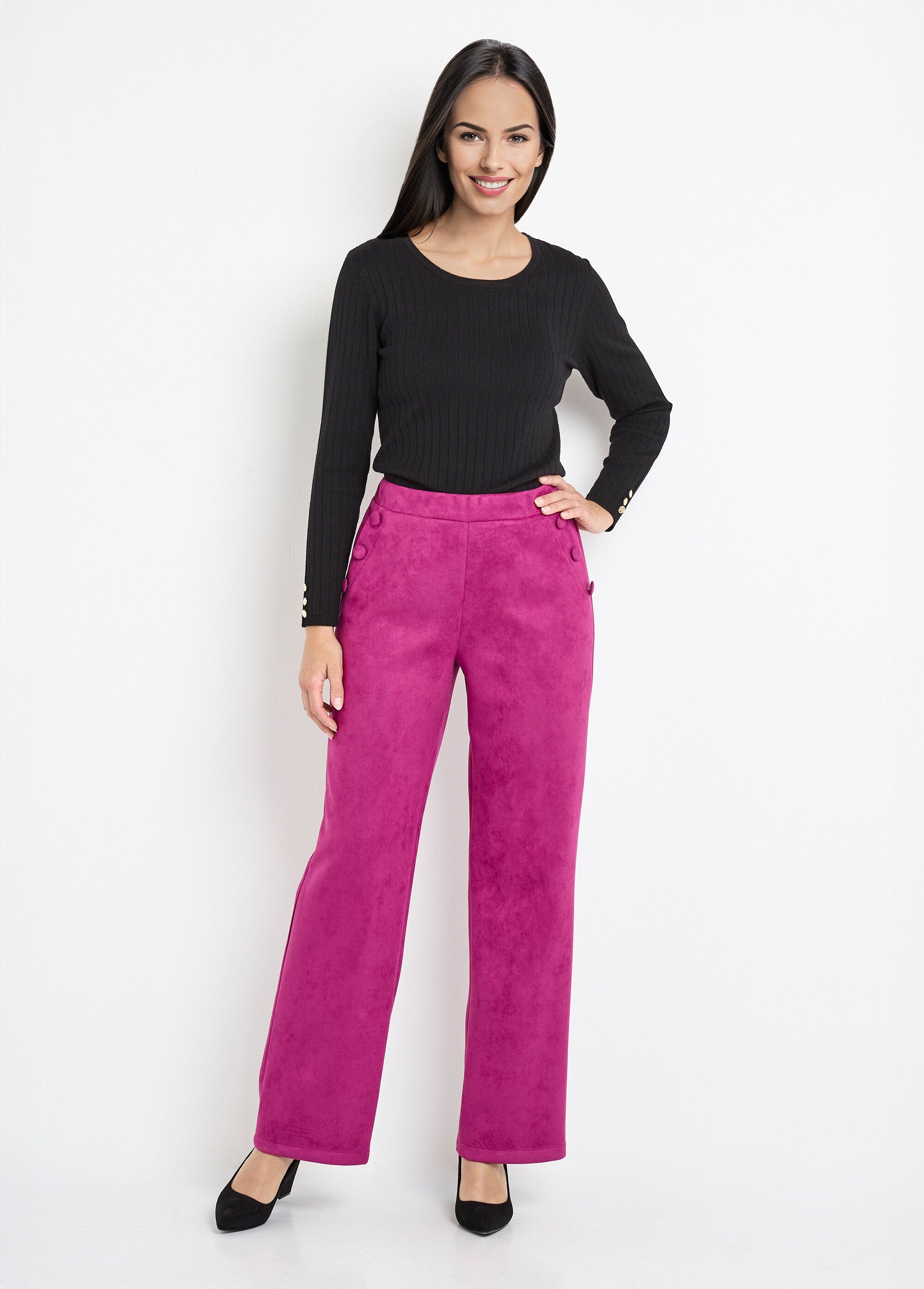 Pantalon_droit_ceinture_élastiquée_tissu_suédé_Cassis_SF1_slim