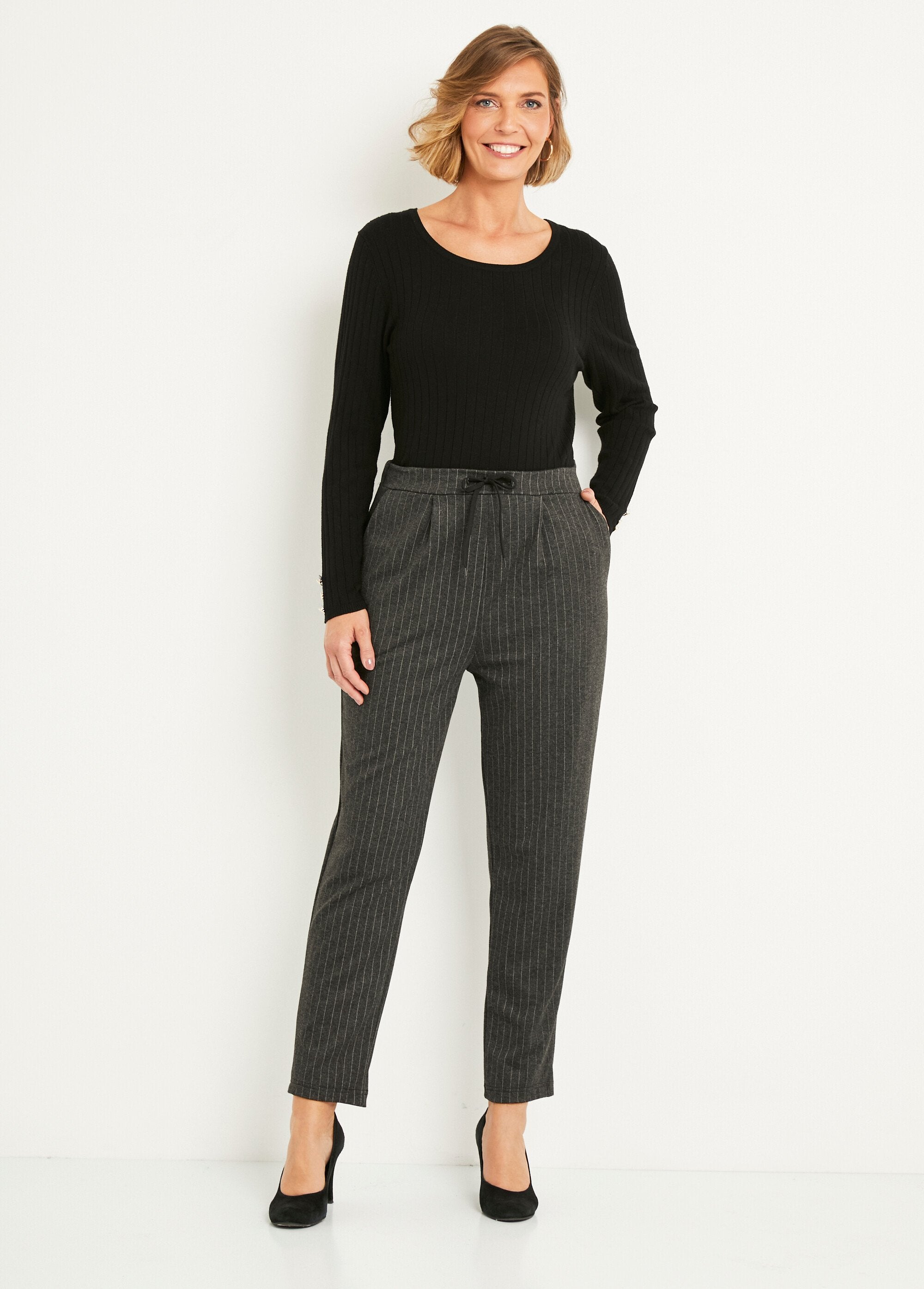 Pantalon_droit_taille_élastiquée_maille_stretch_Gris_raye_SF1_slim