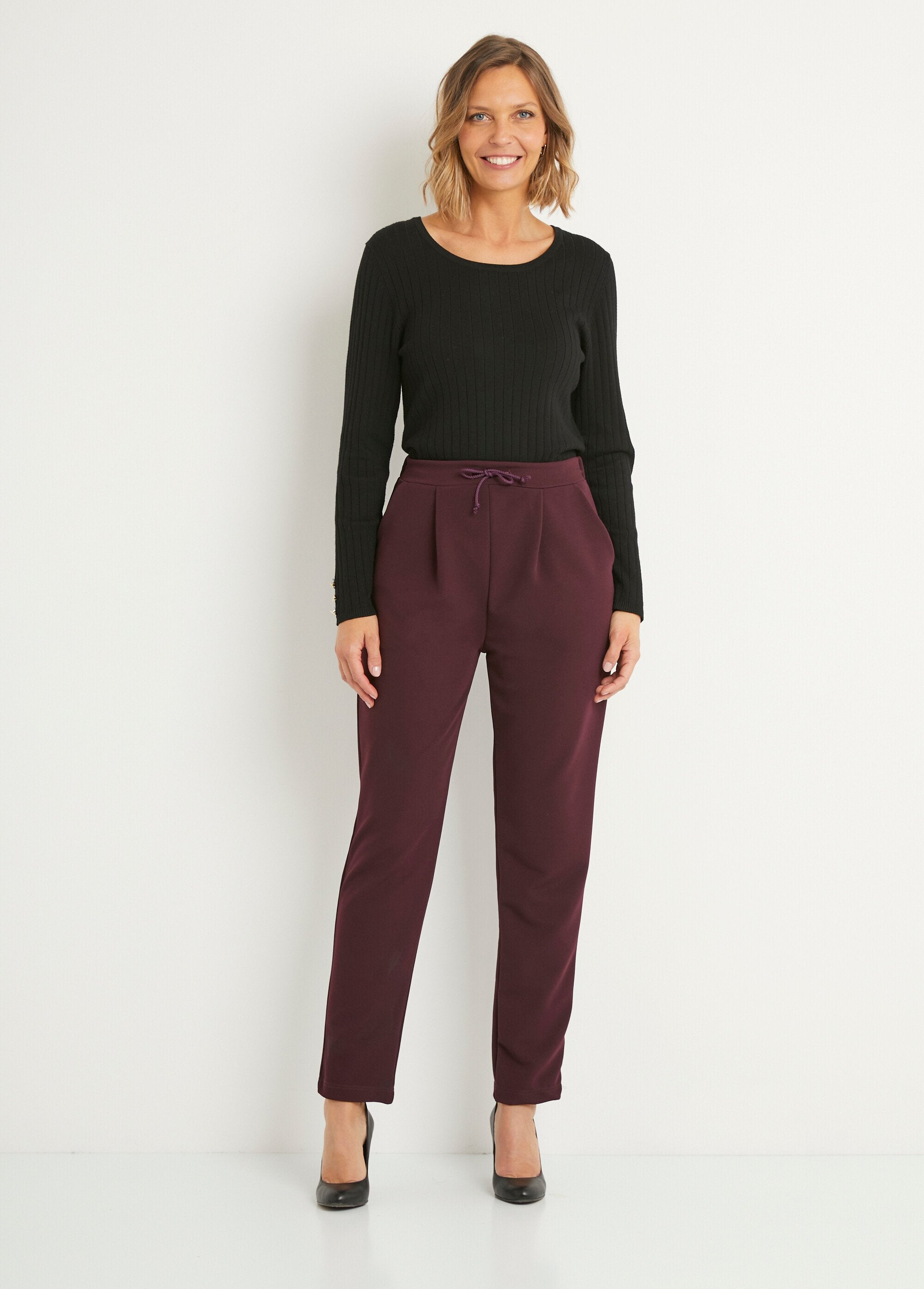 Pantalon_droit_taille_élastiquée_maille_stretch_Bordeaux_SF1_slim