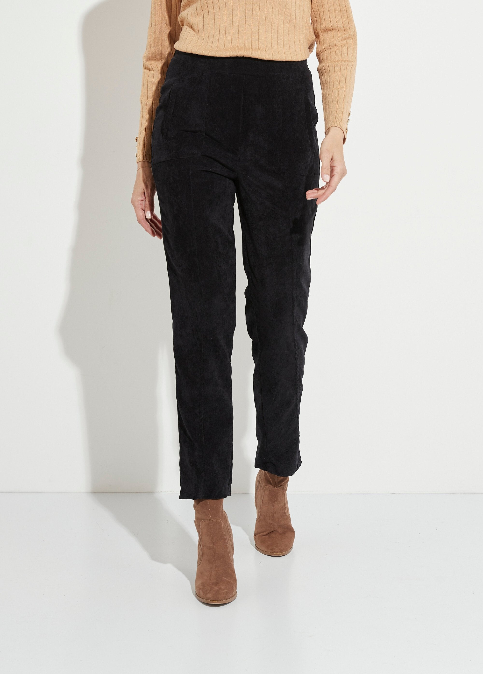 Pantalon_droit_taille_élastiquée_velours_milleraies_Noir_FA1_slim