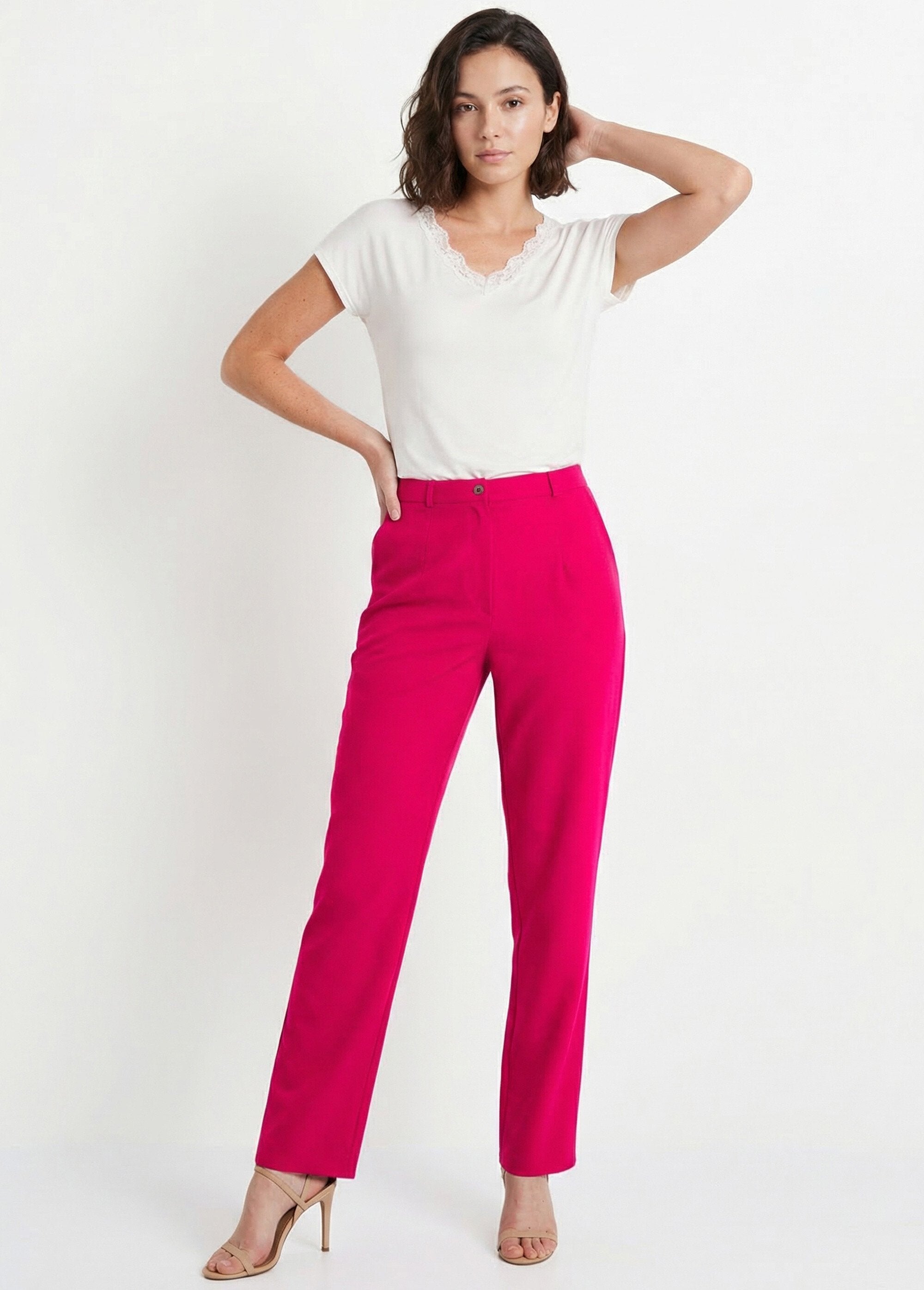 Pantalon_droit_uni_taille_semi_élastiquée_Framboise_SF1_slim