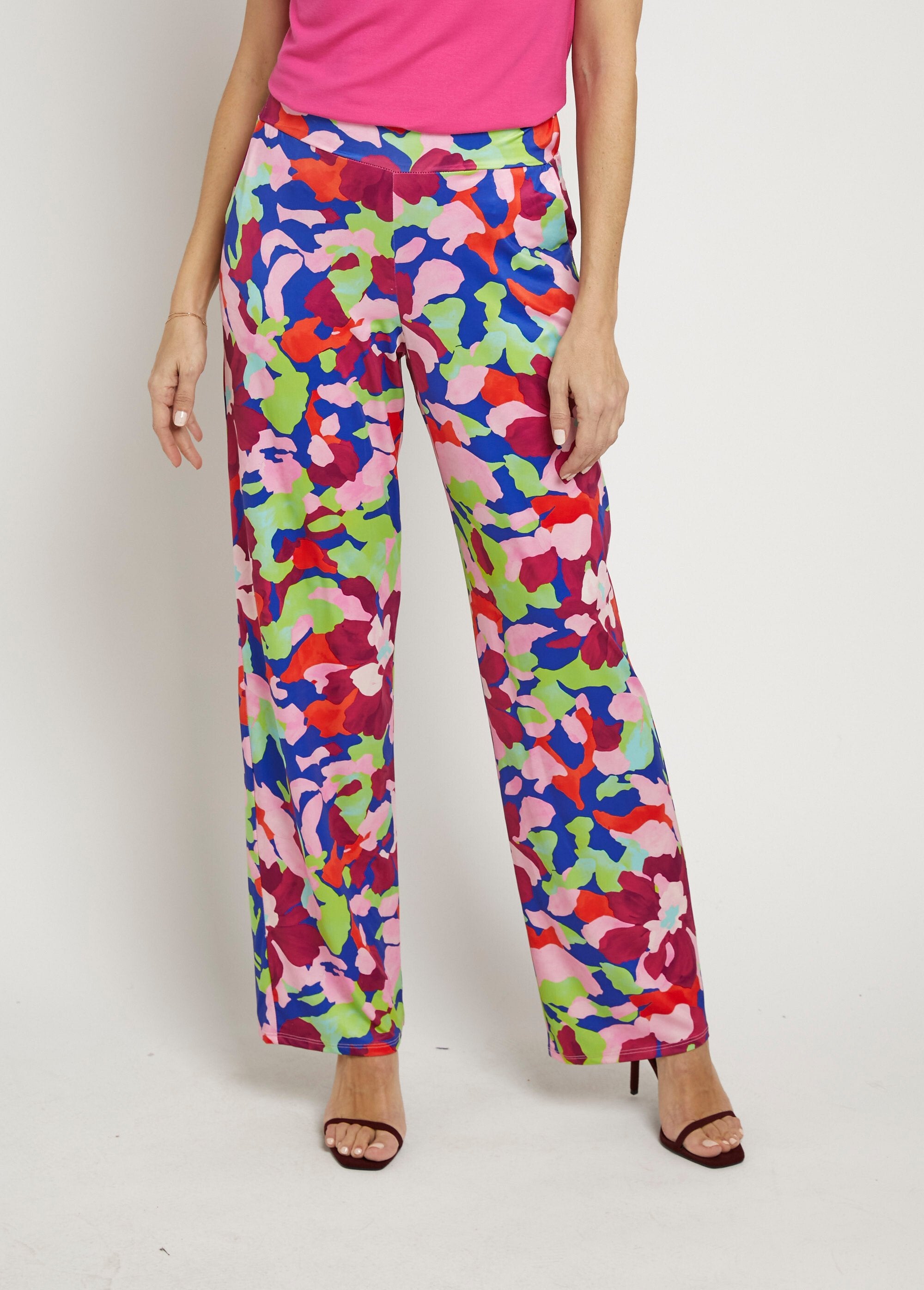 Pantalon fluide stretch, motif fleuri pop Rose imprime Afibel