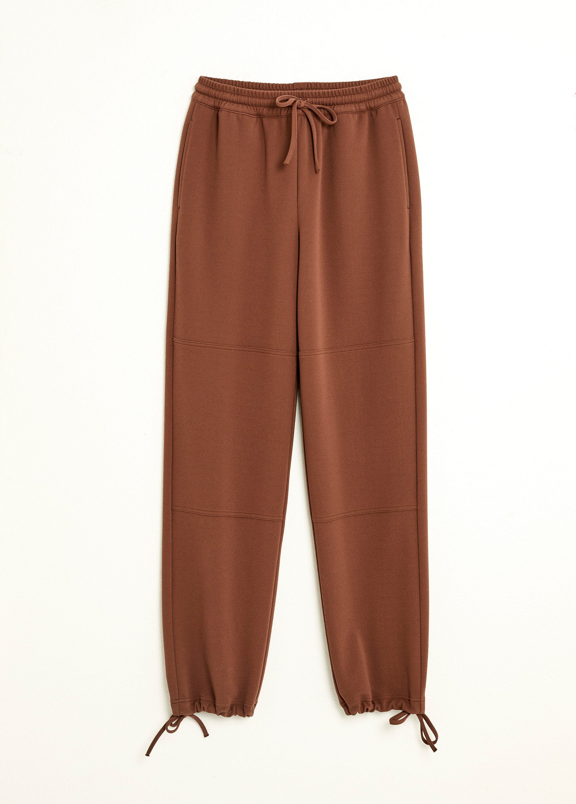Broek_met_wijde_pijpen_en_elastische_tailleband_in_effen_crêpe_breisel_Marron_AP1_slim