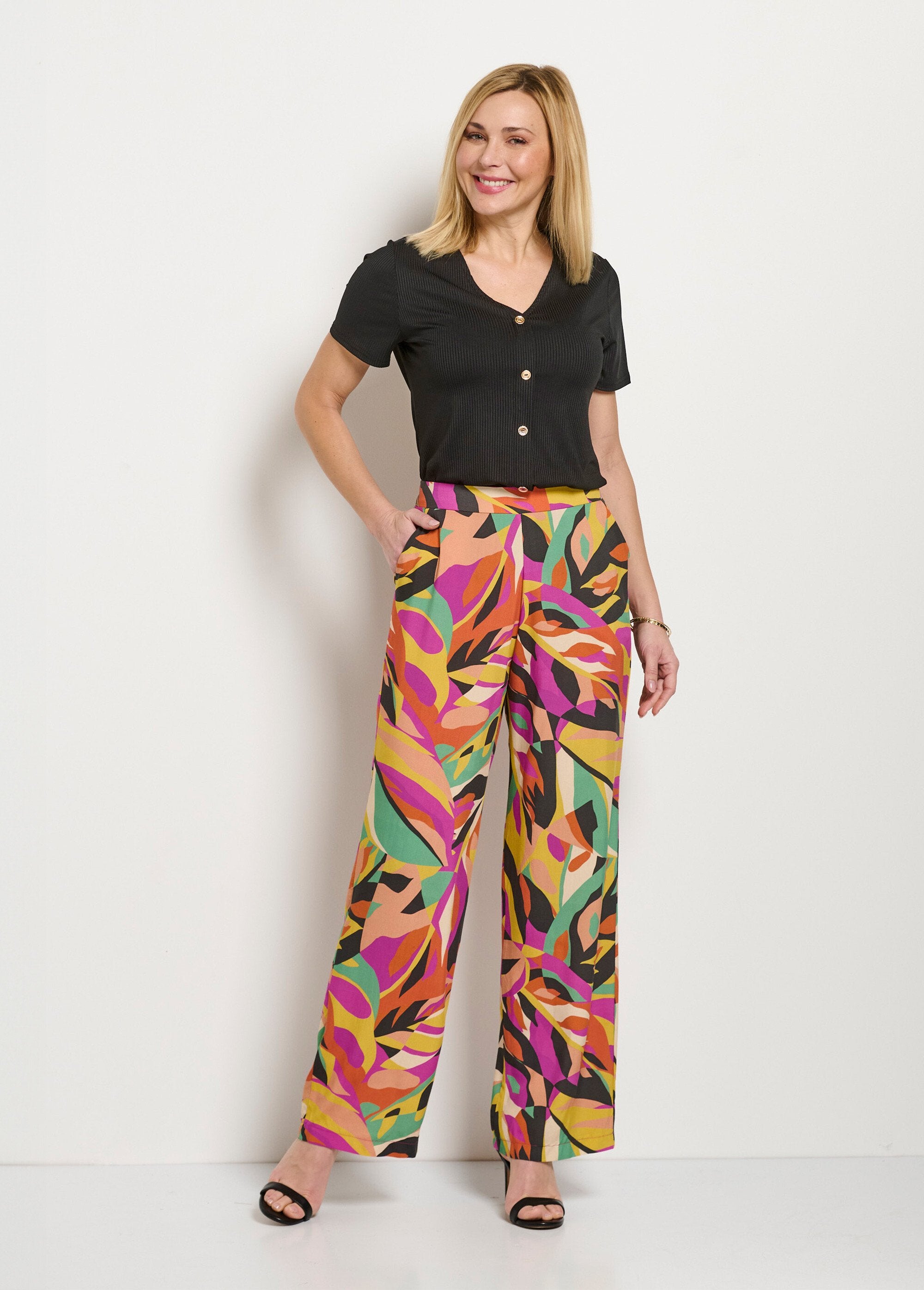 Broek_met_wijde_pijpen_en_bedrukte_semi-elastische_tailleband_Multicolore_SF1_slim