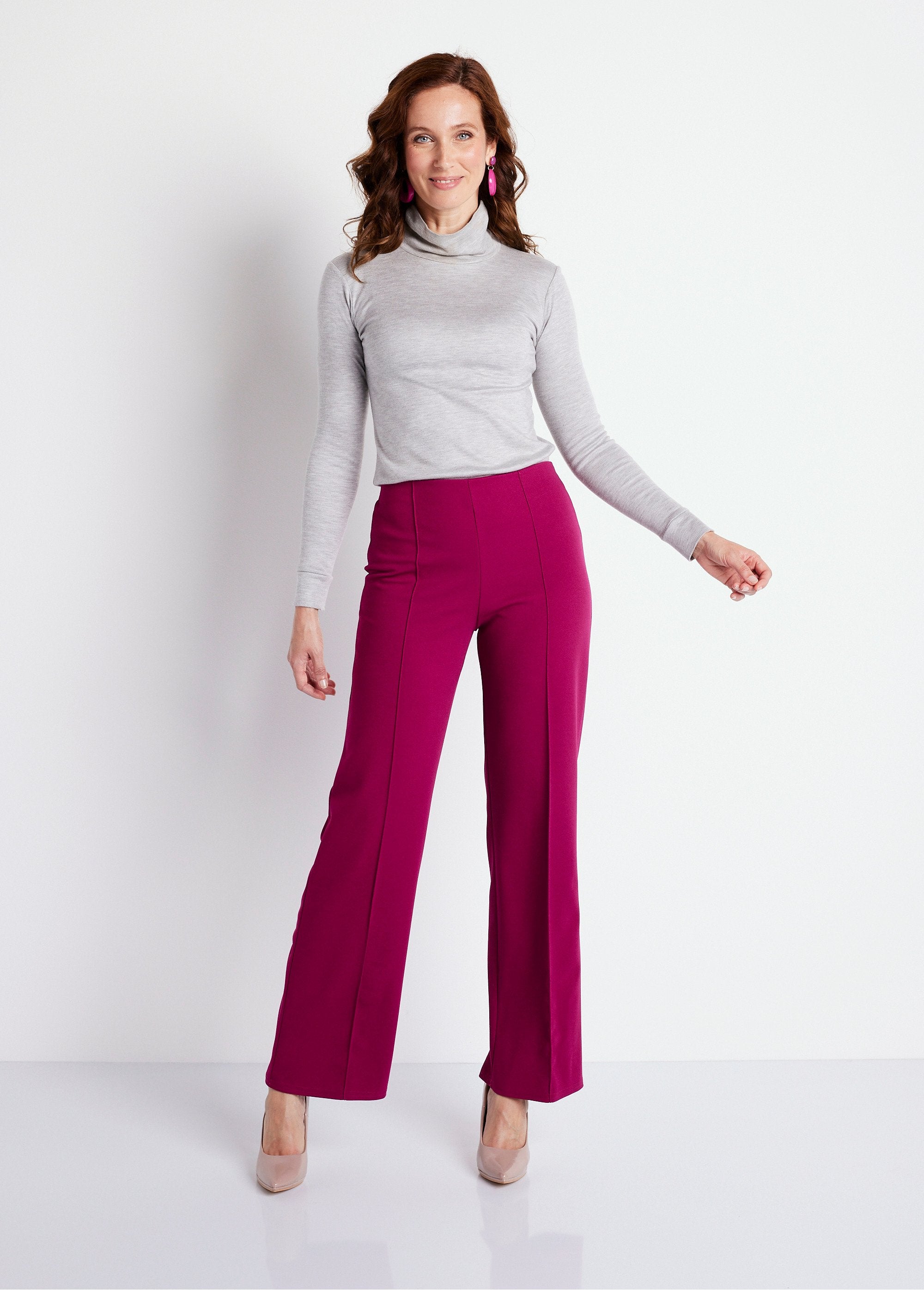 Pantalon_maille_crêpe_taille_élastiquée_Framboise_SF1_slim