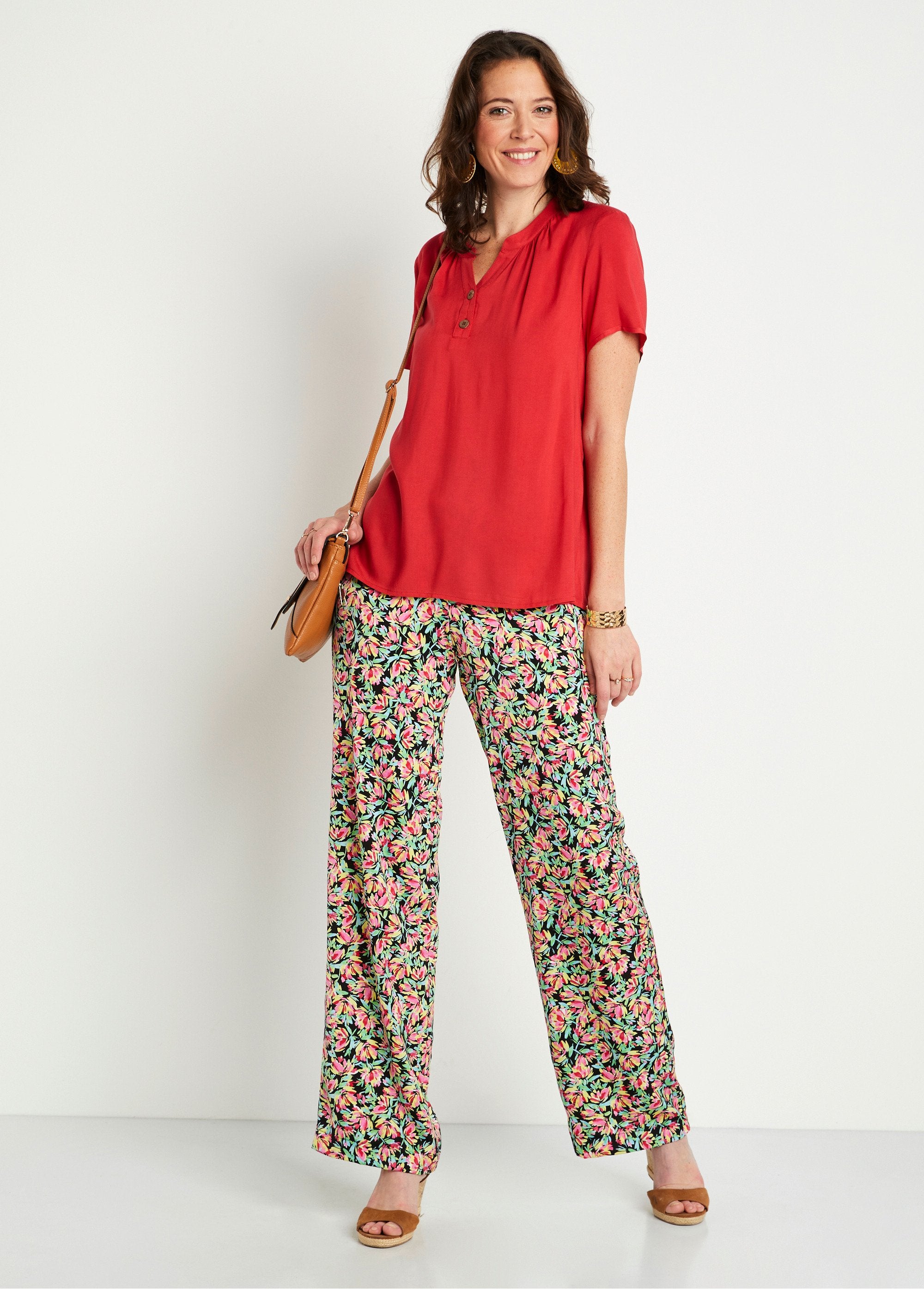 Pantalon_taille_semi-élastiquée_satin_fleuri_Vert_et_rose_SF1_slim