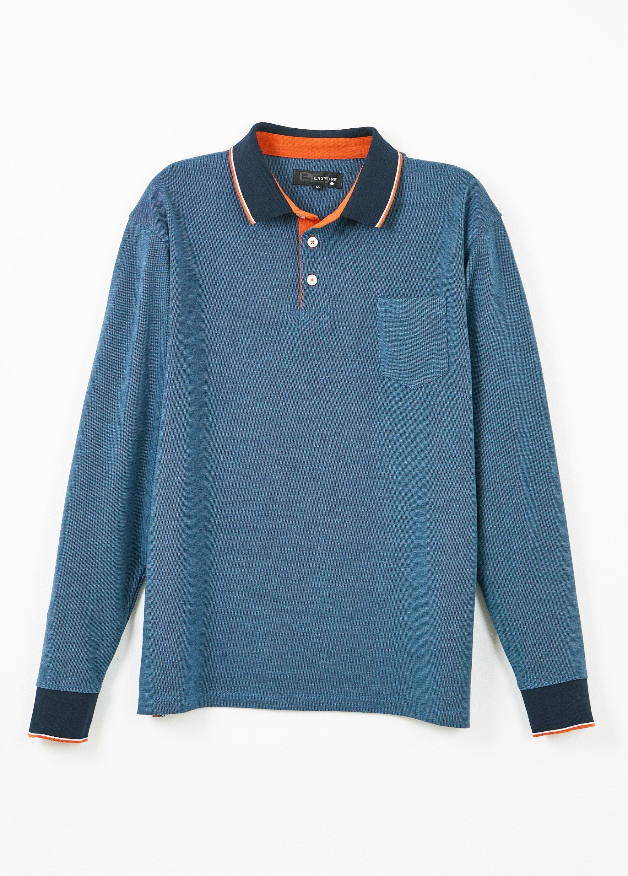 Polo_maille_piquée_manches_longues_coton_Bleu_AP1_slim