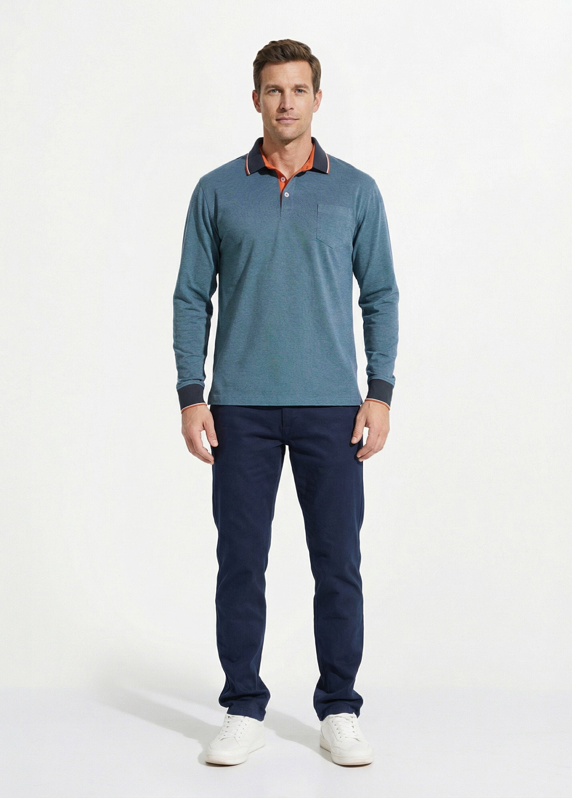 Polo_maille_piquée_manches_longues_coton_Bleu_SF1_slim