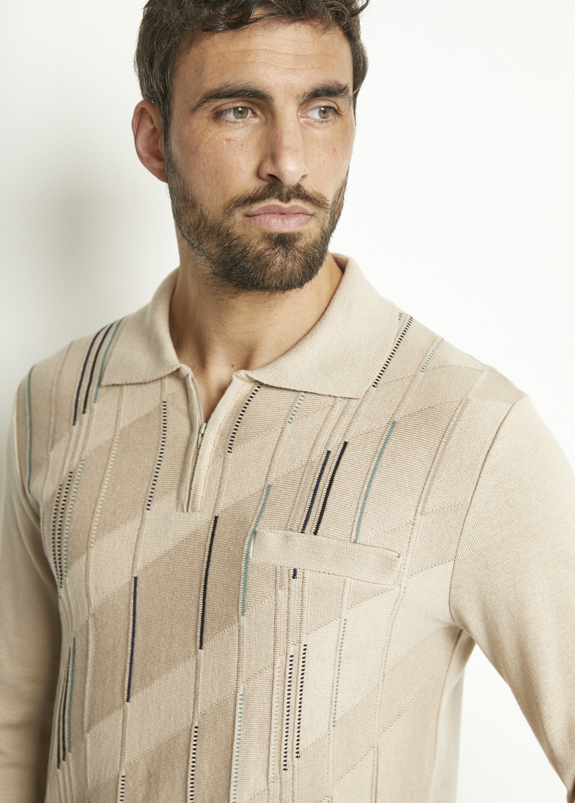 Pull_col_polo_zippé_manches_longues_coton_jacquard_Beige_DE1_slim