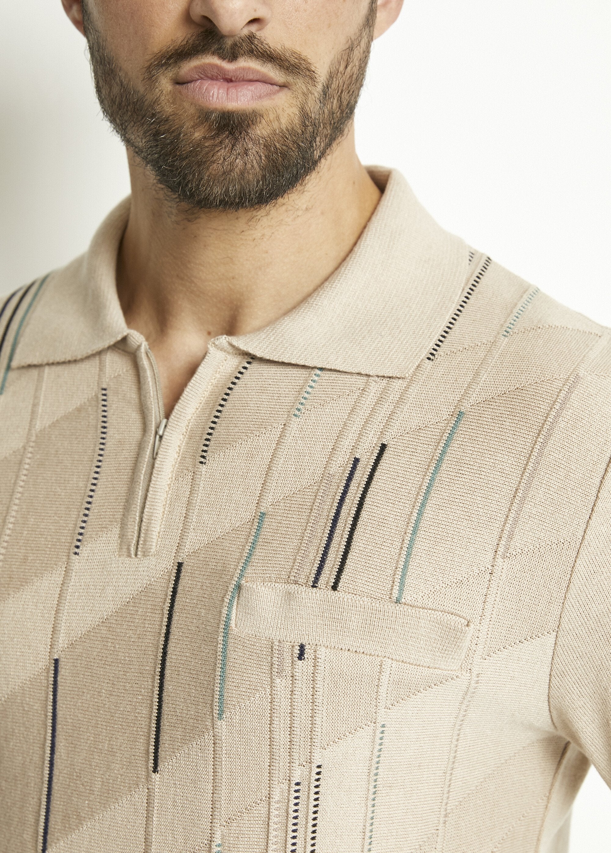 Pull_col_polo_zippé_manches_longues_coton_jacquard_Beige_DE2_slim