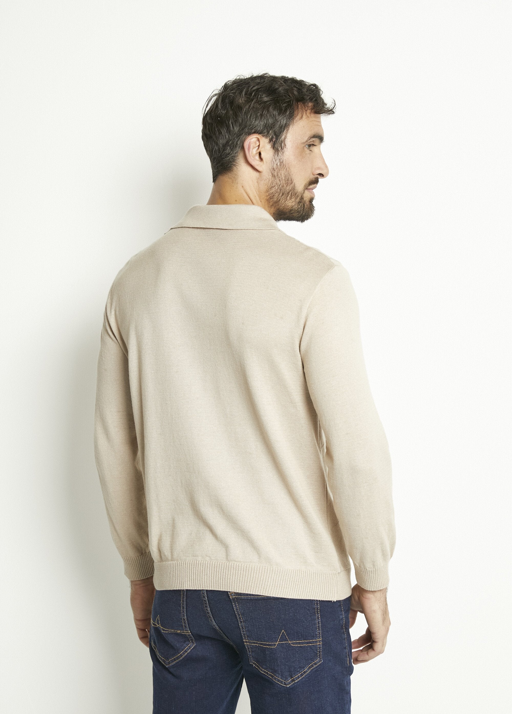 Pull_col_polo_zippé_manches_longues_coton_jacquard_Beige_DO1_slim