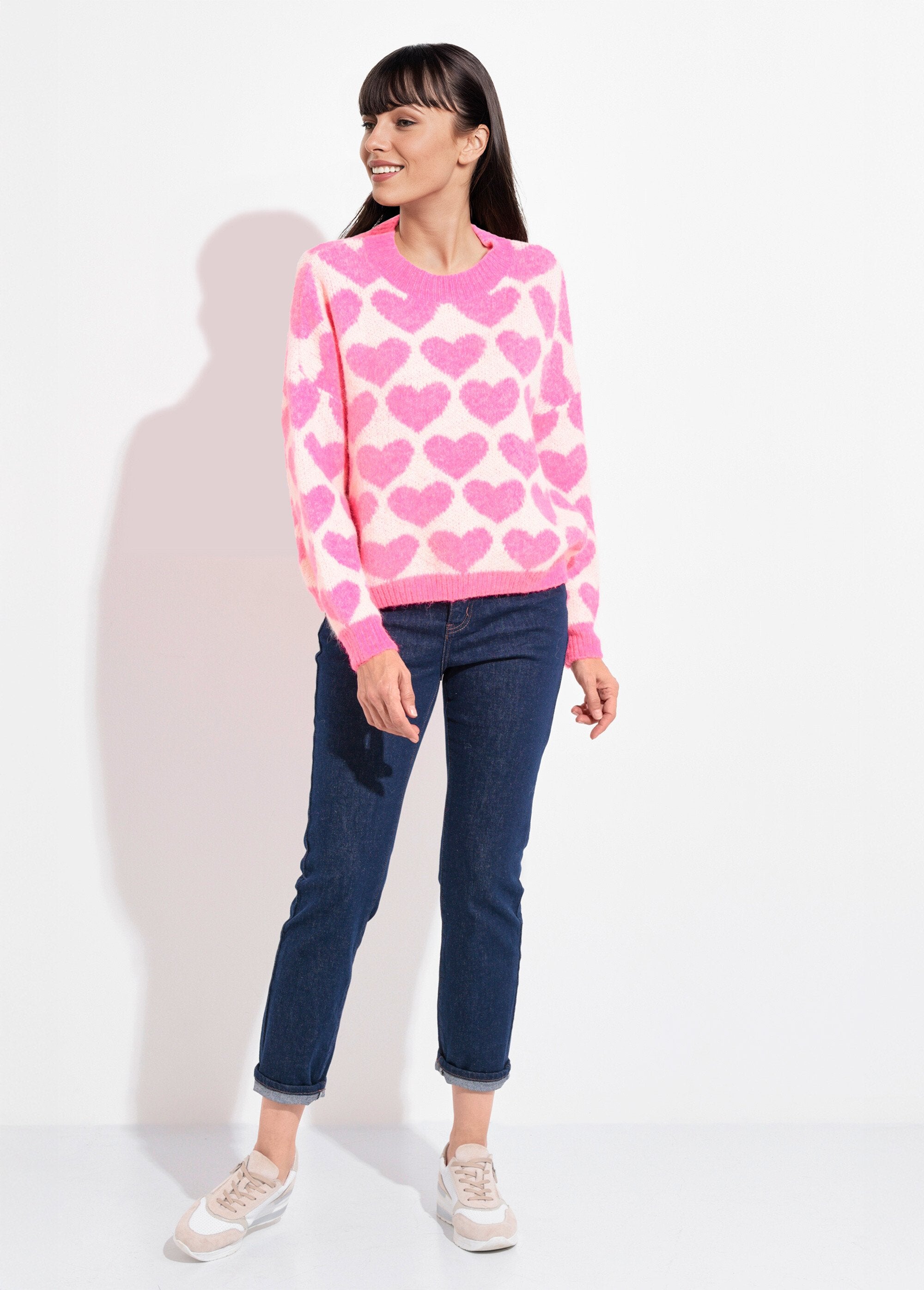 Pull_chaud_maille_mousseuse_laine_coeurs_Rose_vif_SF1_slim