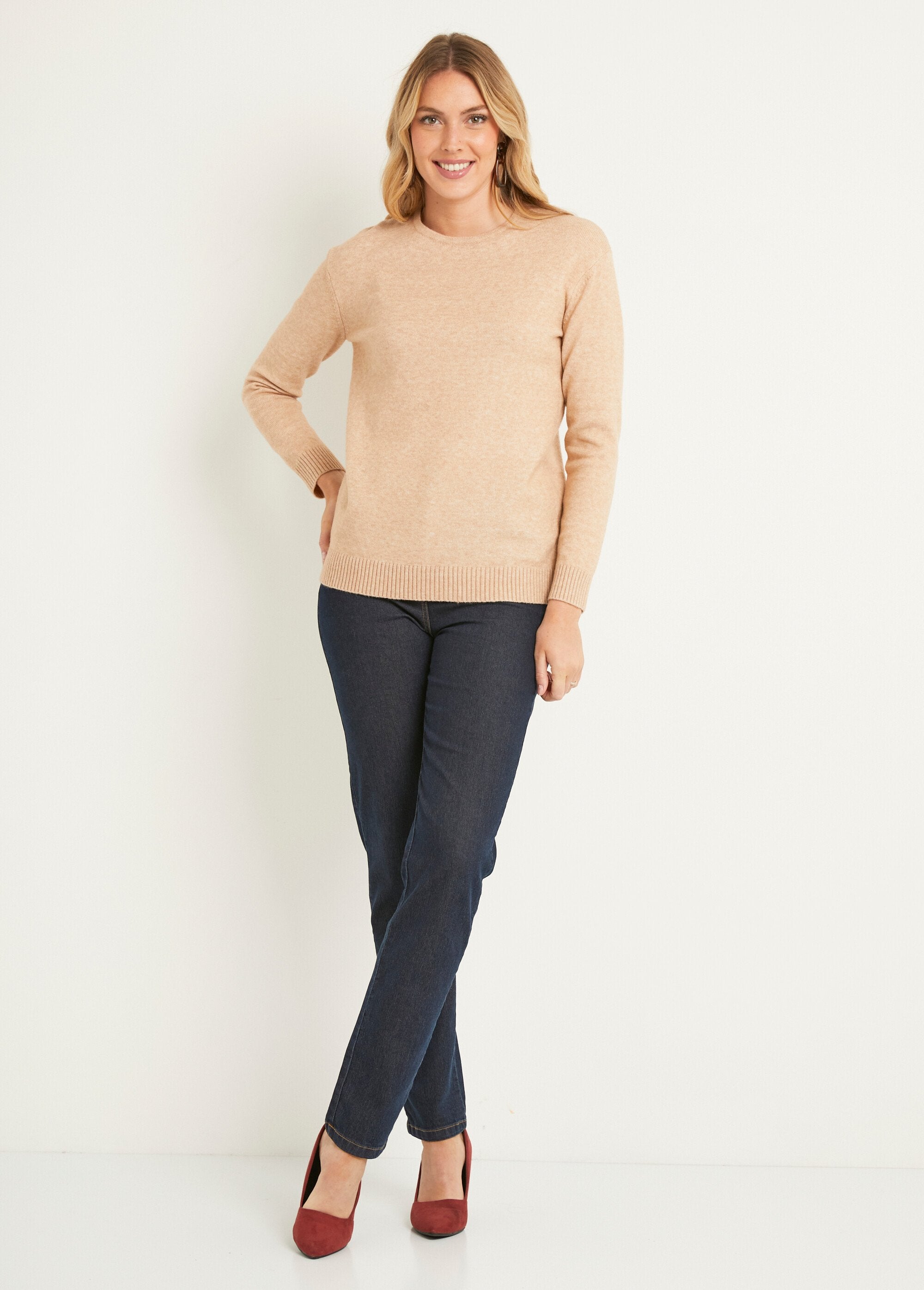 Pull_chiné_court_col_rond_avec_laine_Sable_SF1_slim