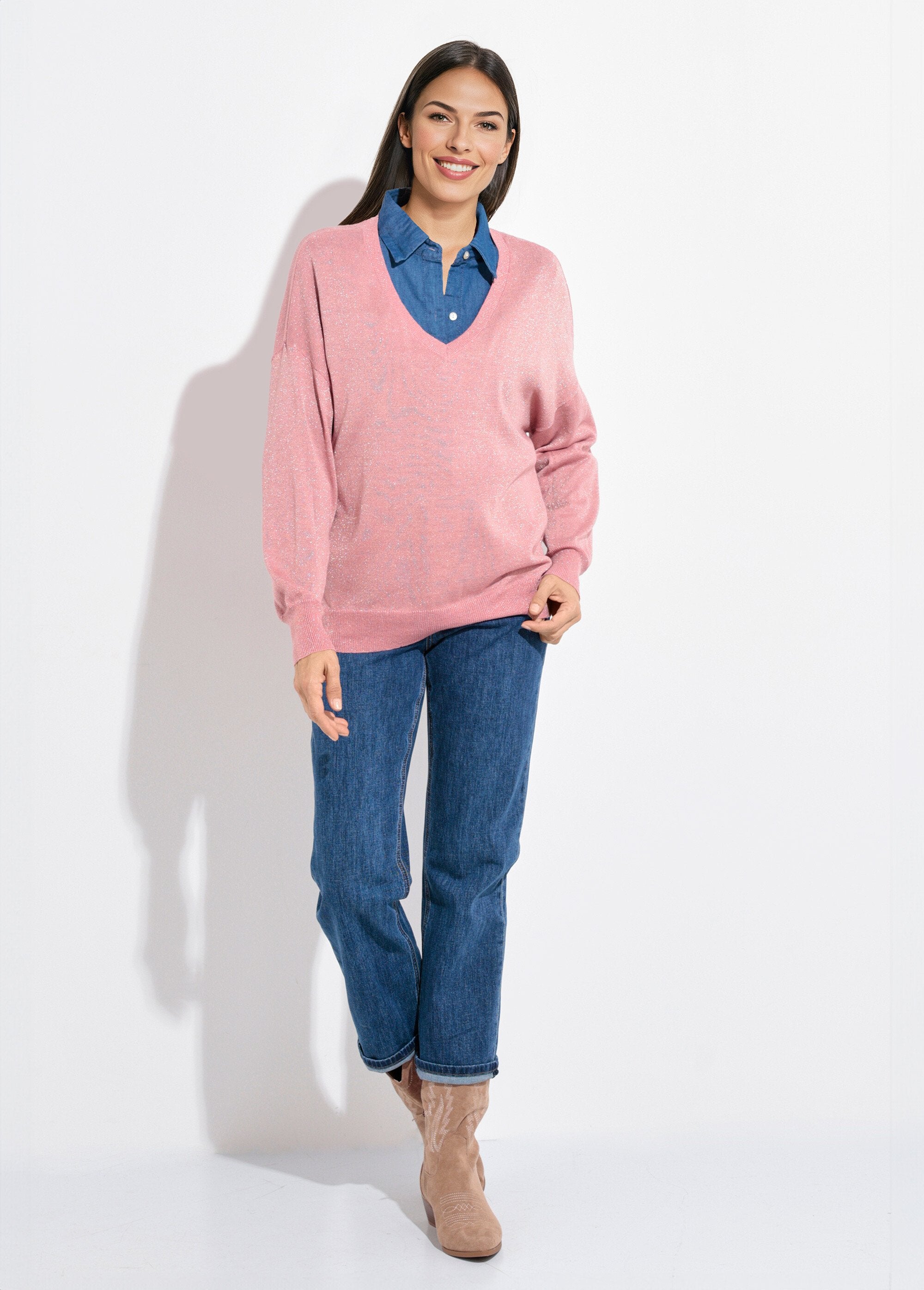 Pull_col_V_maille_fine_jauge_métallisée_Vieux_rose_SF1_slim