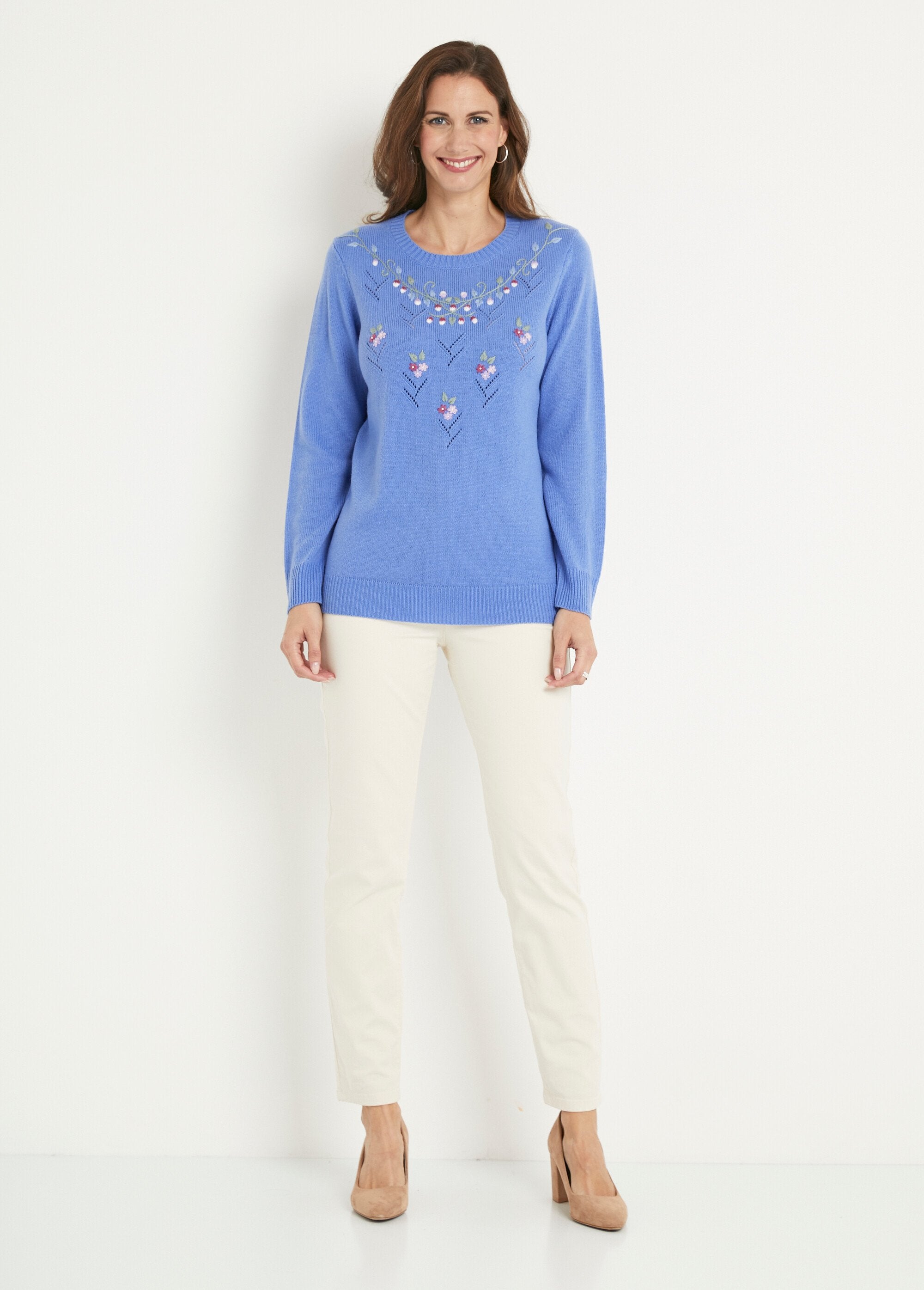 Pull_doux_uni_brodé_ajouré_col_rond_Bleu_SF1_slim