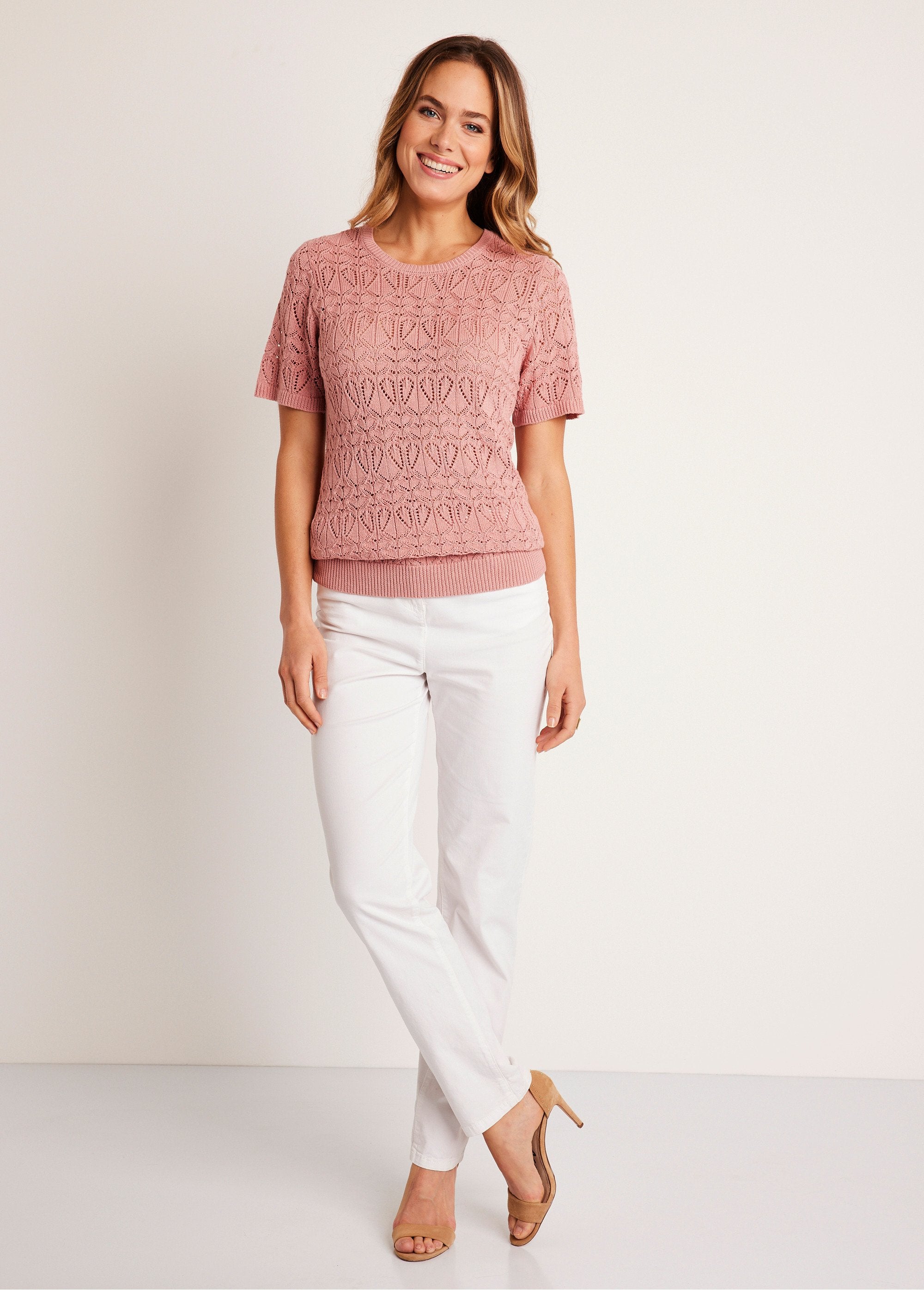 Pull_fin_ajouré_coton_manches_courtes_Rose_poudre_SF1_slim