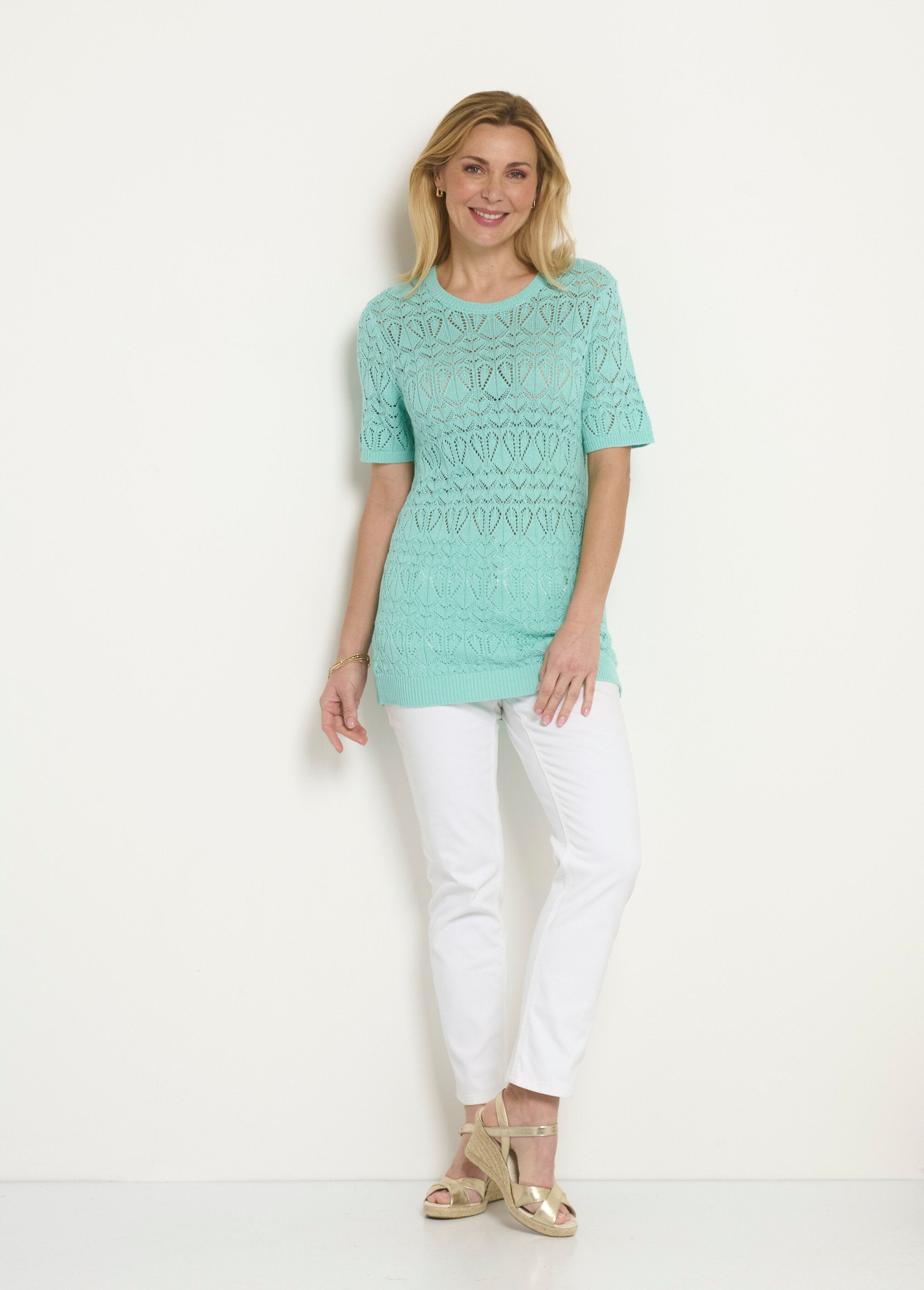 Pull_fin_ajouré_coton_manches_courtes_Vert_d_eau_SF1_slim