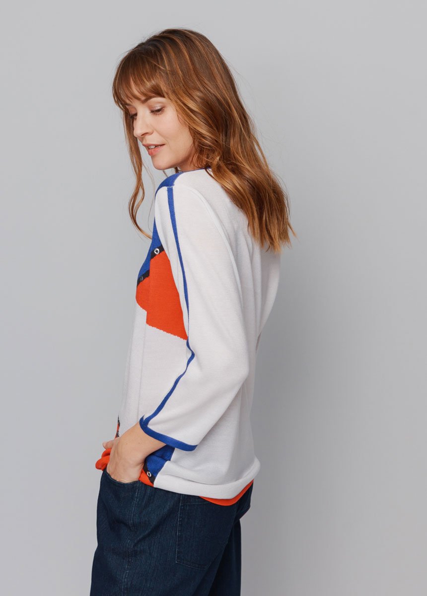 Trui_met_intarsia_3/4-mouwen_Jacquard_bleu_et_rouge_DR1_slim