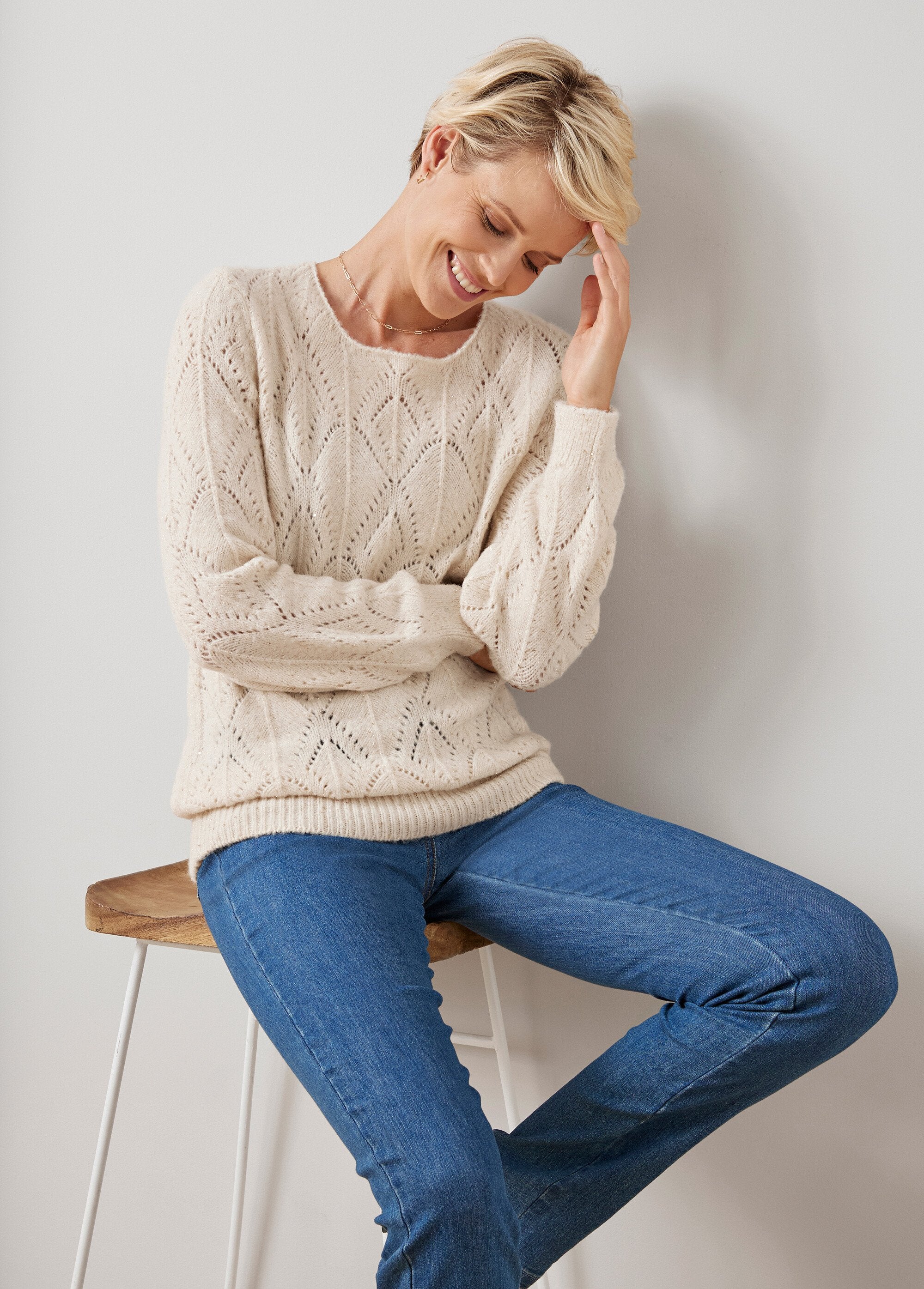 Pull_maille_ajourée_scintillante_col_rond_Sable_DR1_slim
