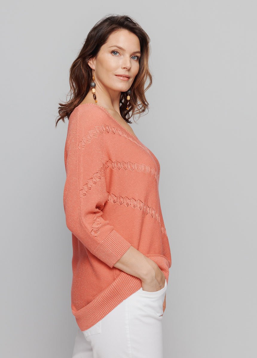 Pull_maille_brillante_fantaisie_ajourée_Corail_DR1_slim
