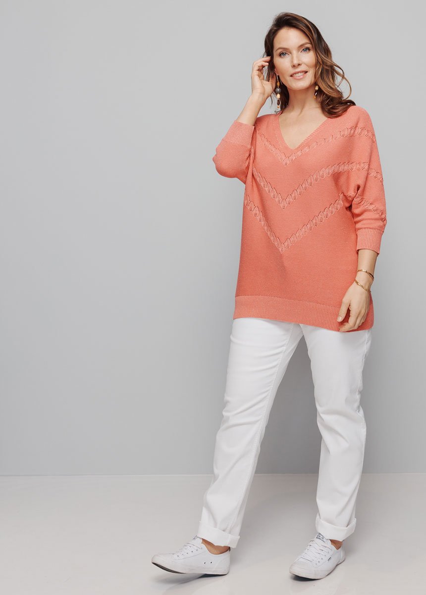 Pull_maille_brillante_fantaisie_ajourée_Corail_SF1_slim