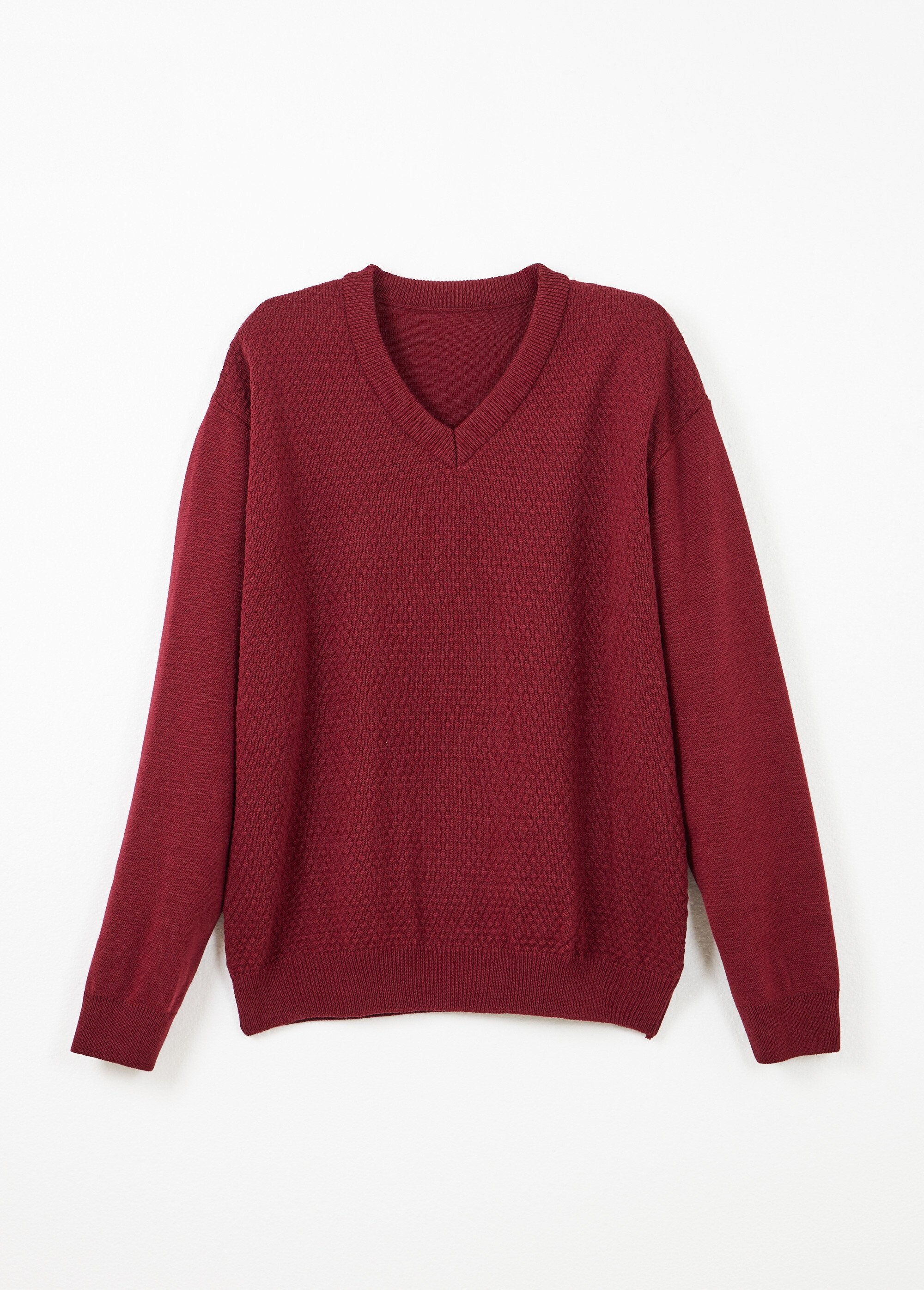 Pull_maille_fantaisie_laine_col_V_manches_longues_Bordeaux_AP1_slim