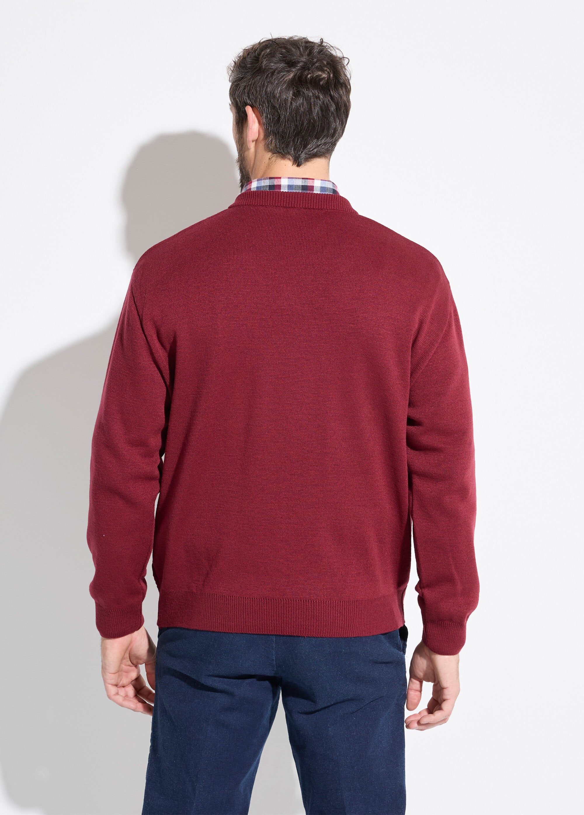 Pull_maille_fantaisie_laine_col_V_manches_longues_Bordeaux_DO1_slim