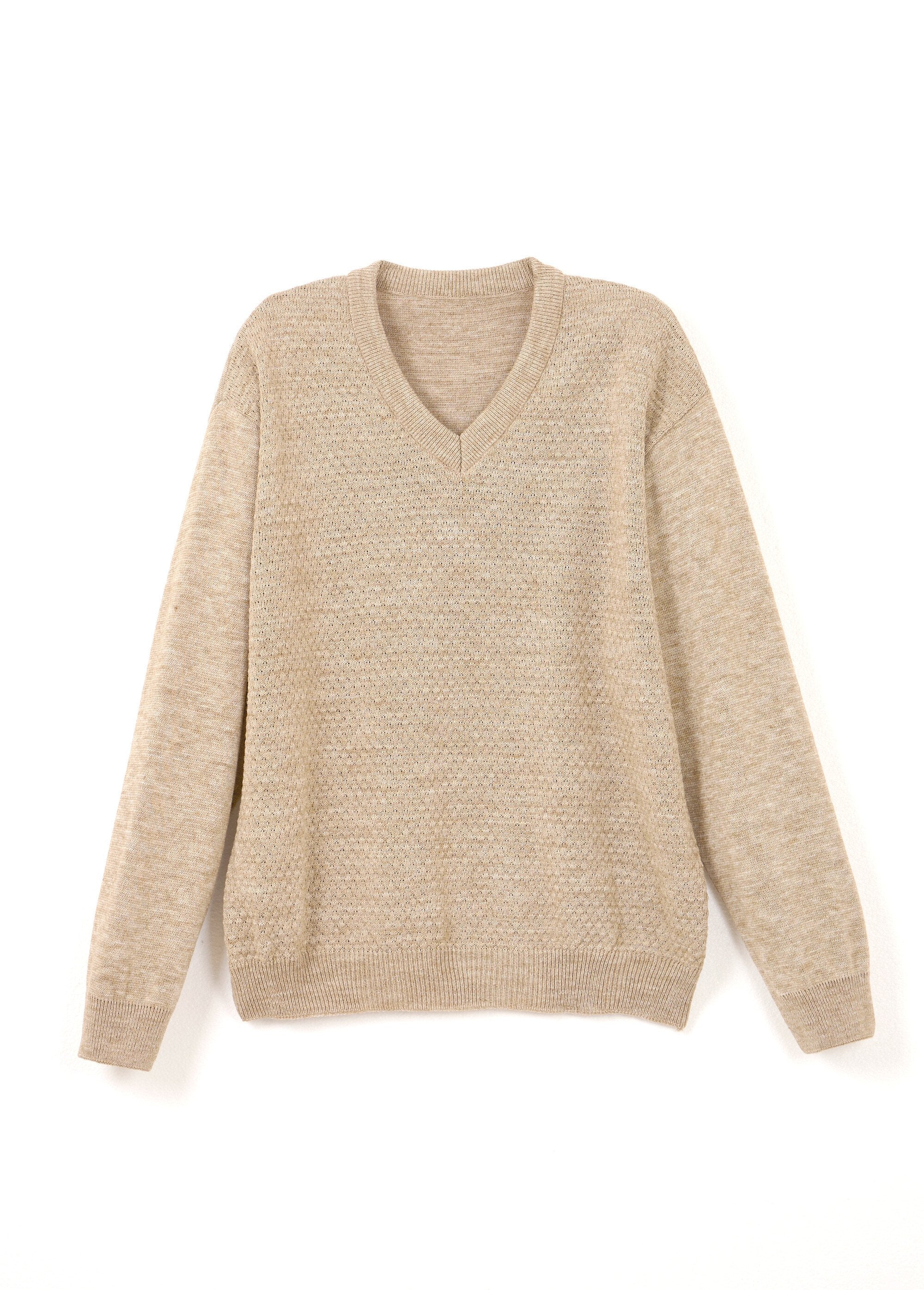 Pull_maille_fantaisie_laine_col_V_manches_longues_Beige_AP1_slim