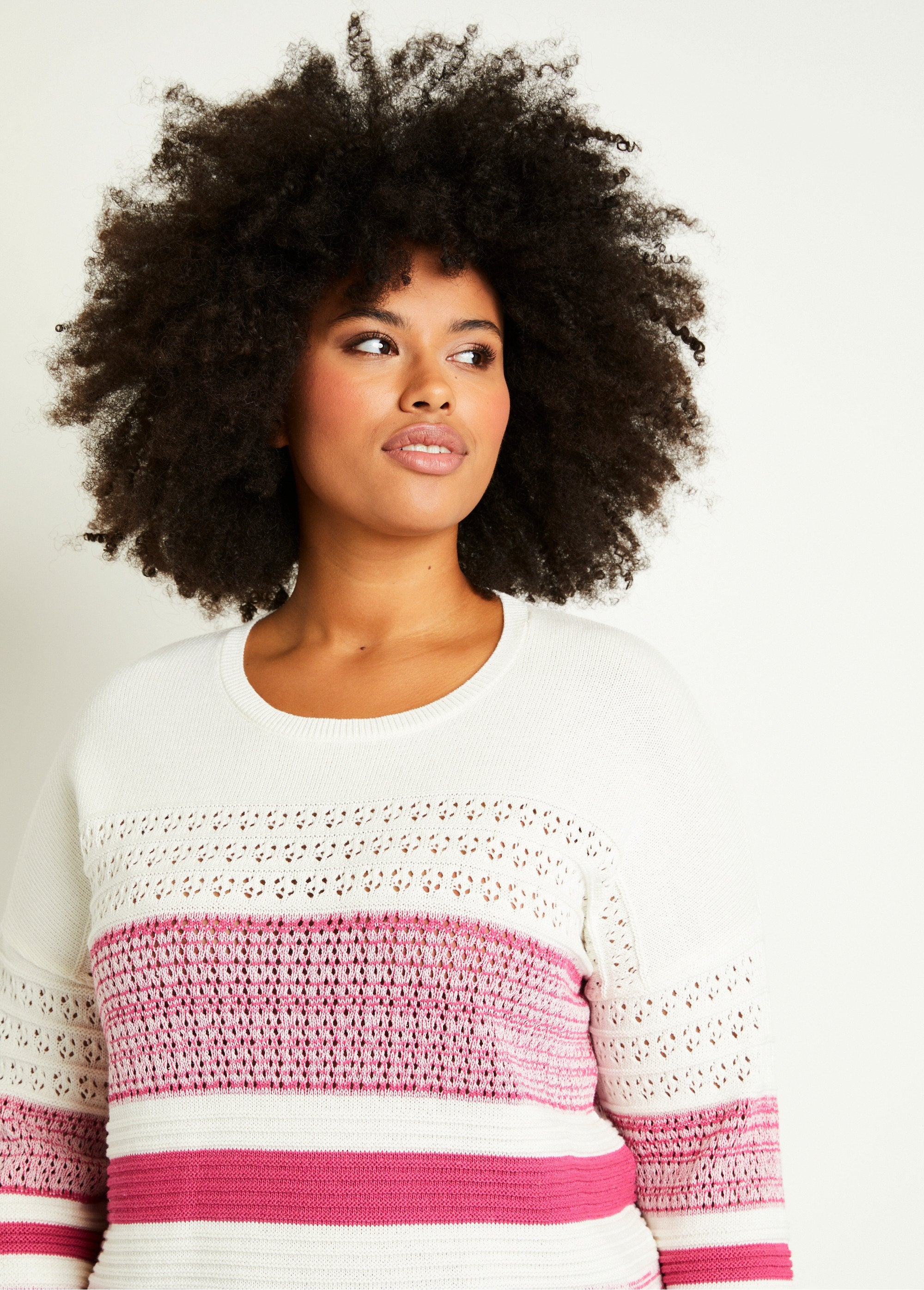 Pull_manches_3/4_ajouré_mélange_coton_Fuchsia_DE1_curvy