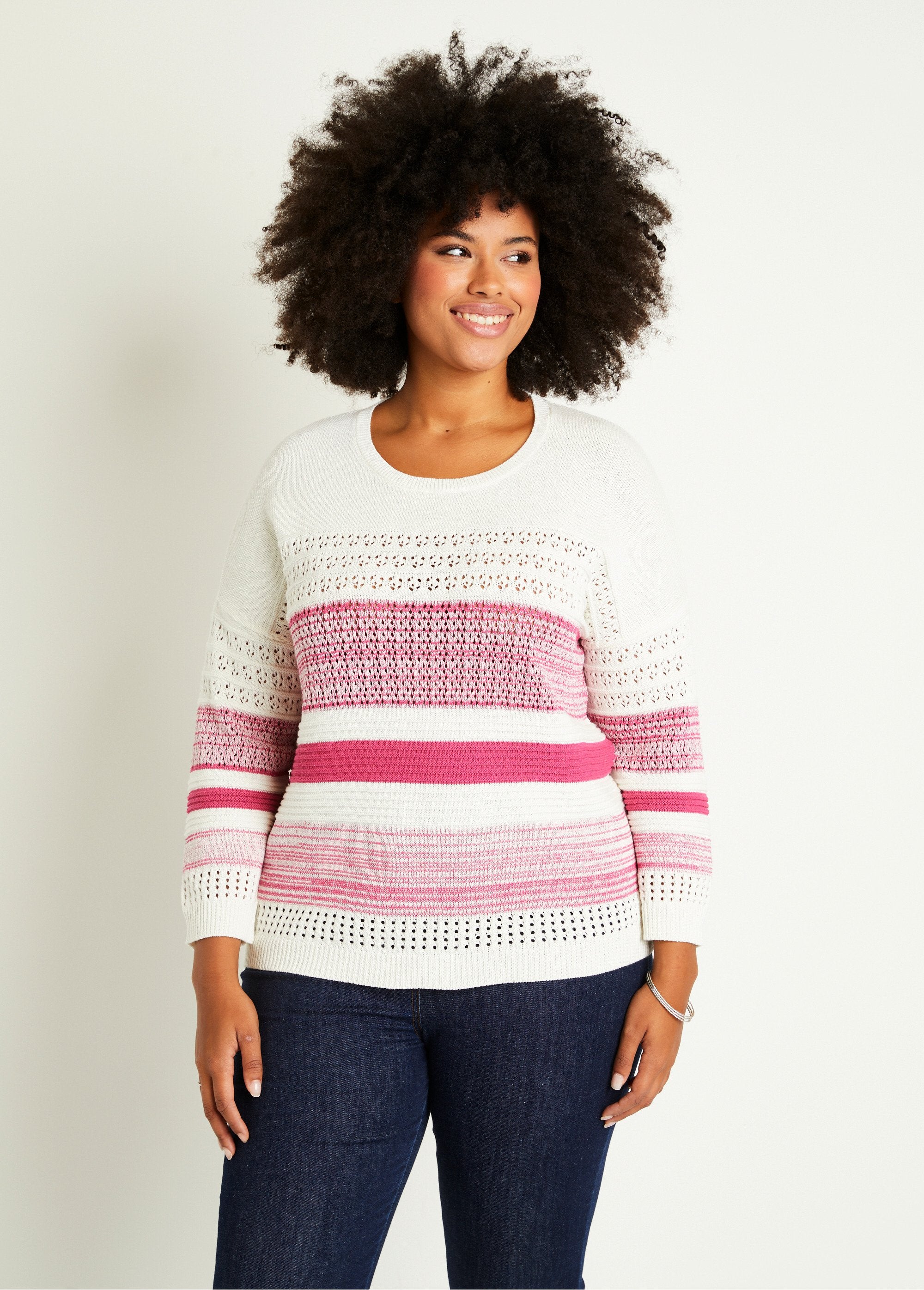 Pull_manches_3/4_ajouré_mélange_coton_Fuchsia_FA1_curvy
