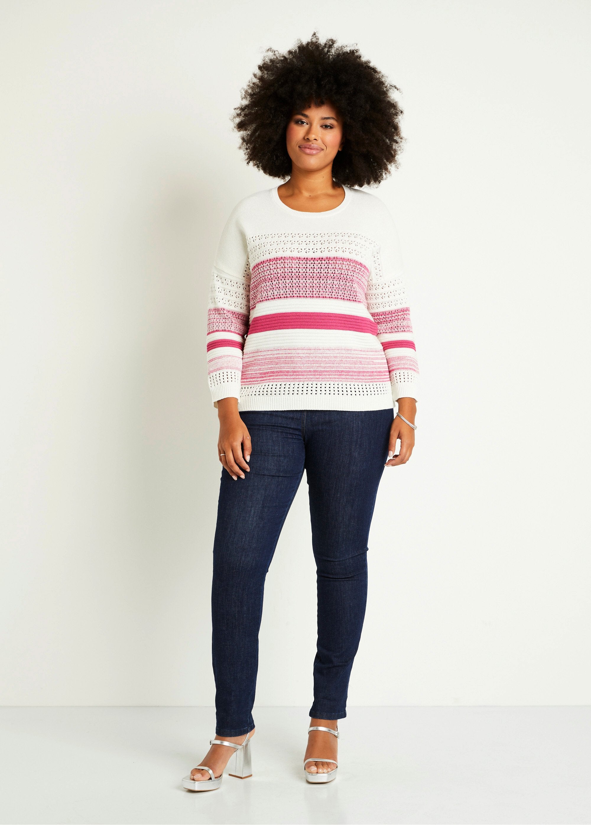 Pull_manches_3/4_ajouré_mélange_coton_Fuchsia_SF1_curvy