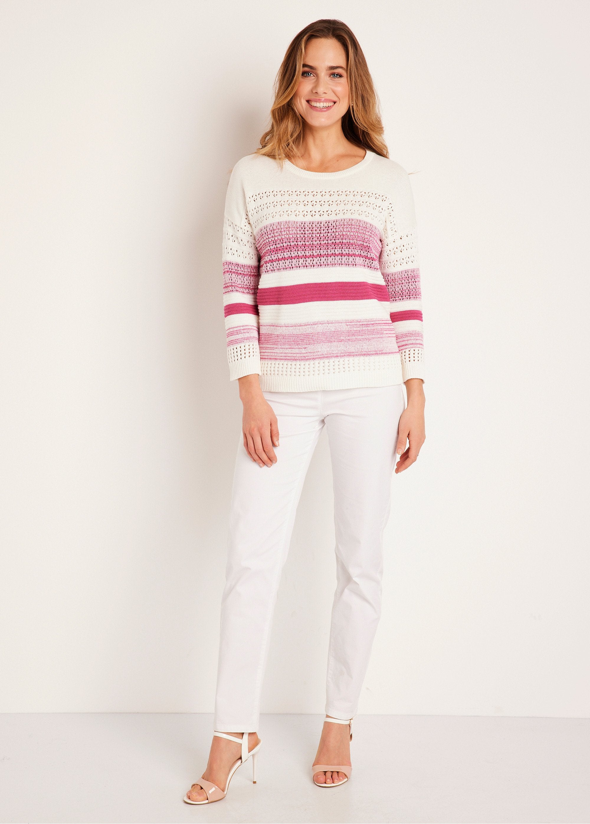Pull_manches_3/4_ajouré_mélange_coton_Fuchsia_SF1_slim