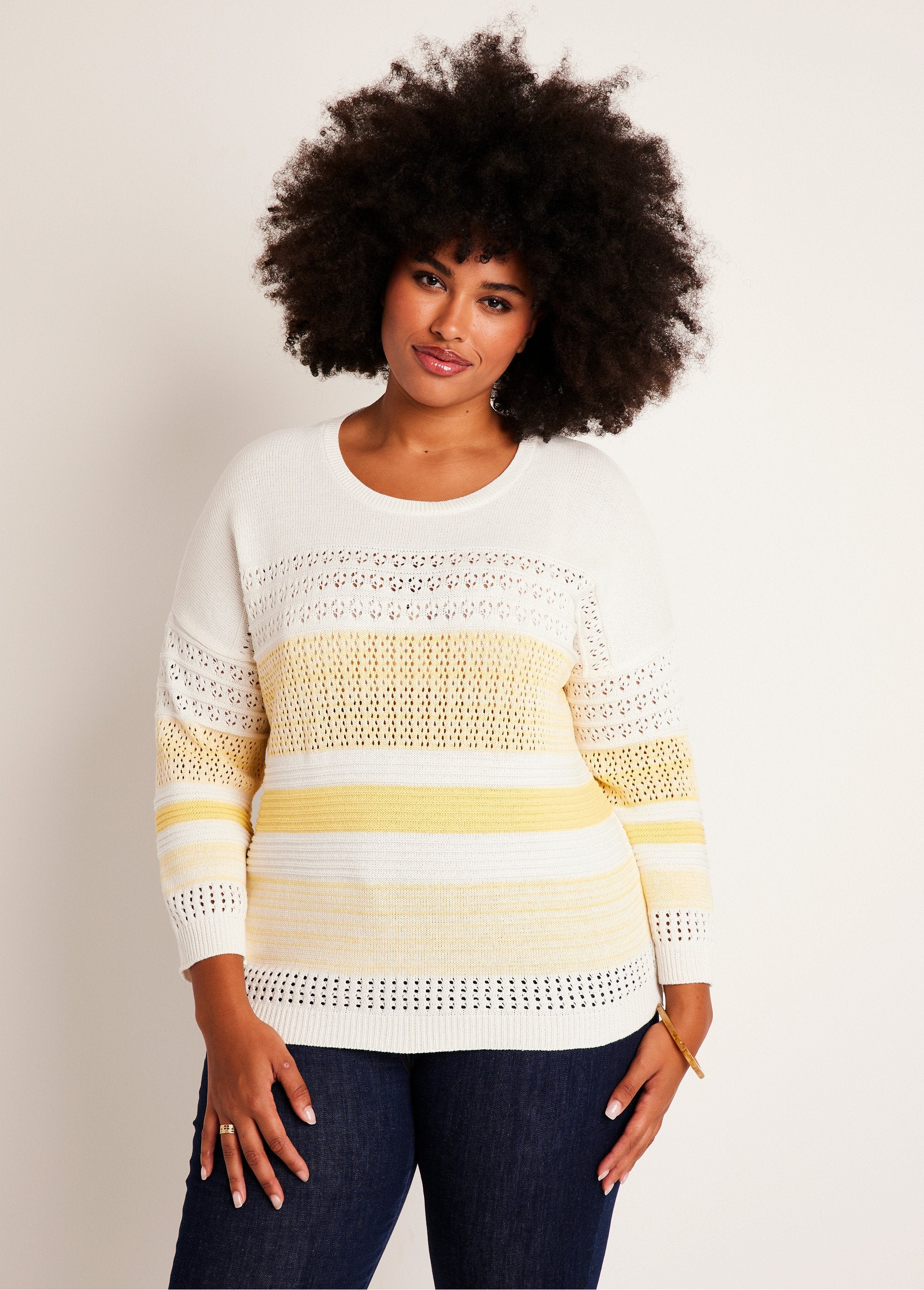 Pull_manches_3/4_ajouré_mélange_coton_Vanille_FA1_curvy