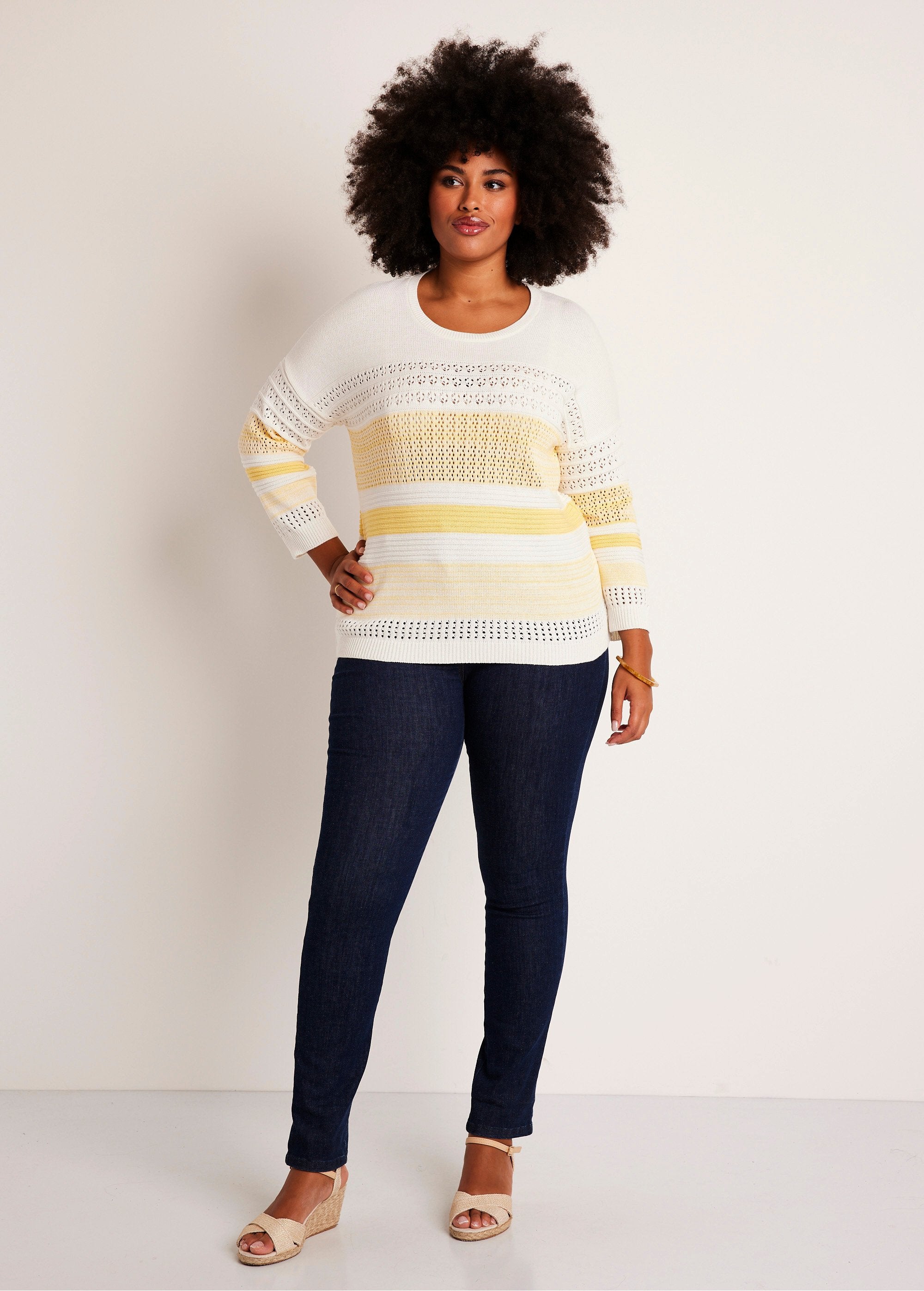 Pull_manches_3/4_ajouré_mélange_coton_Vanille_SF1_curvy