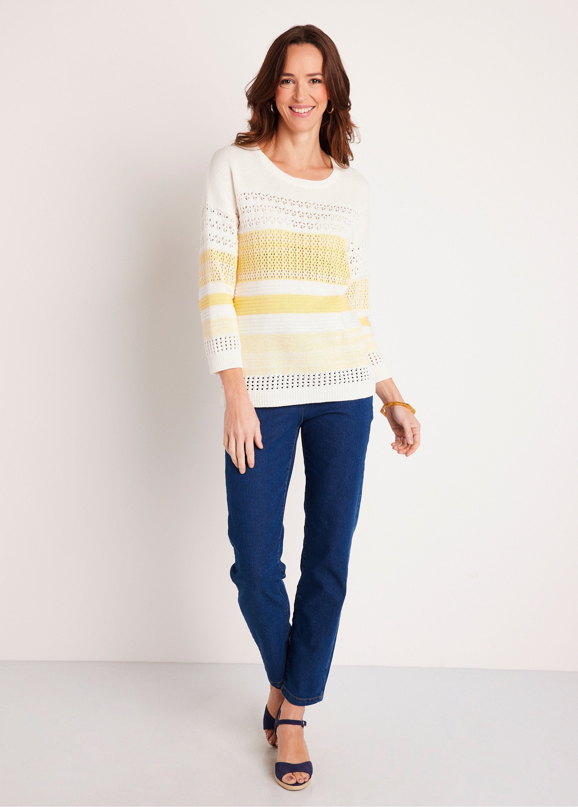 Pull_manches_3/4_ajouré_mélange_coton_Vanille_SF1_slim