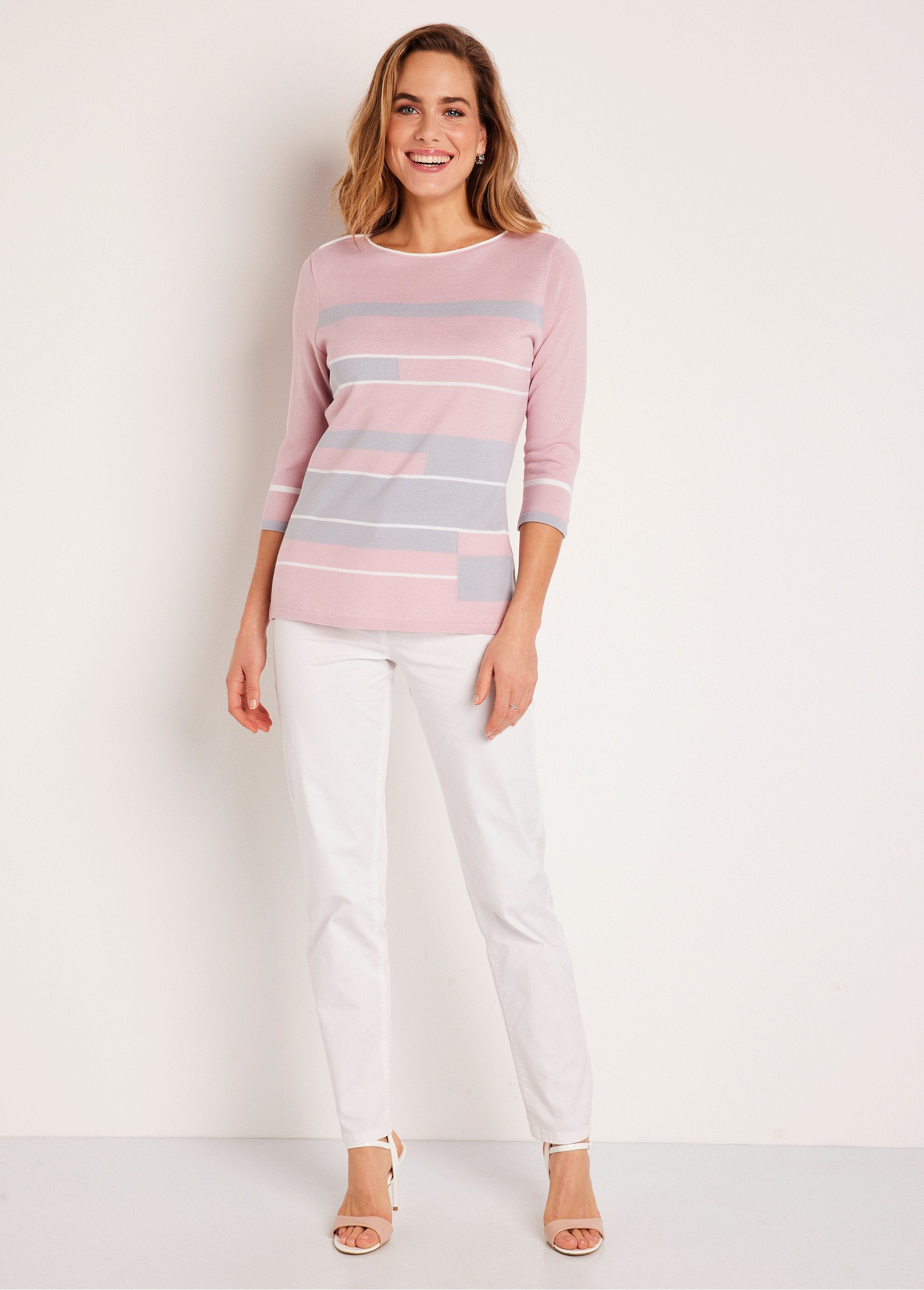 Pull_manches_3/4_col_bateau_jacquard_rayé_devant_Rose_et_gris_SF1_slim