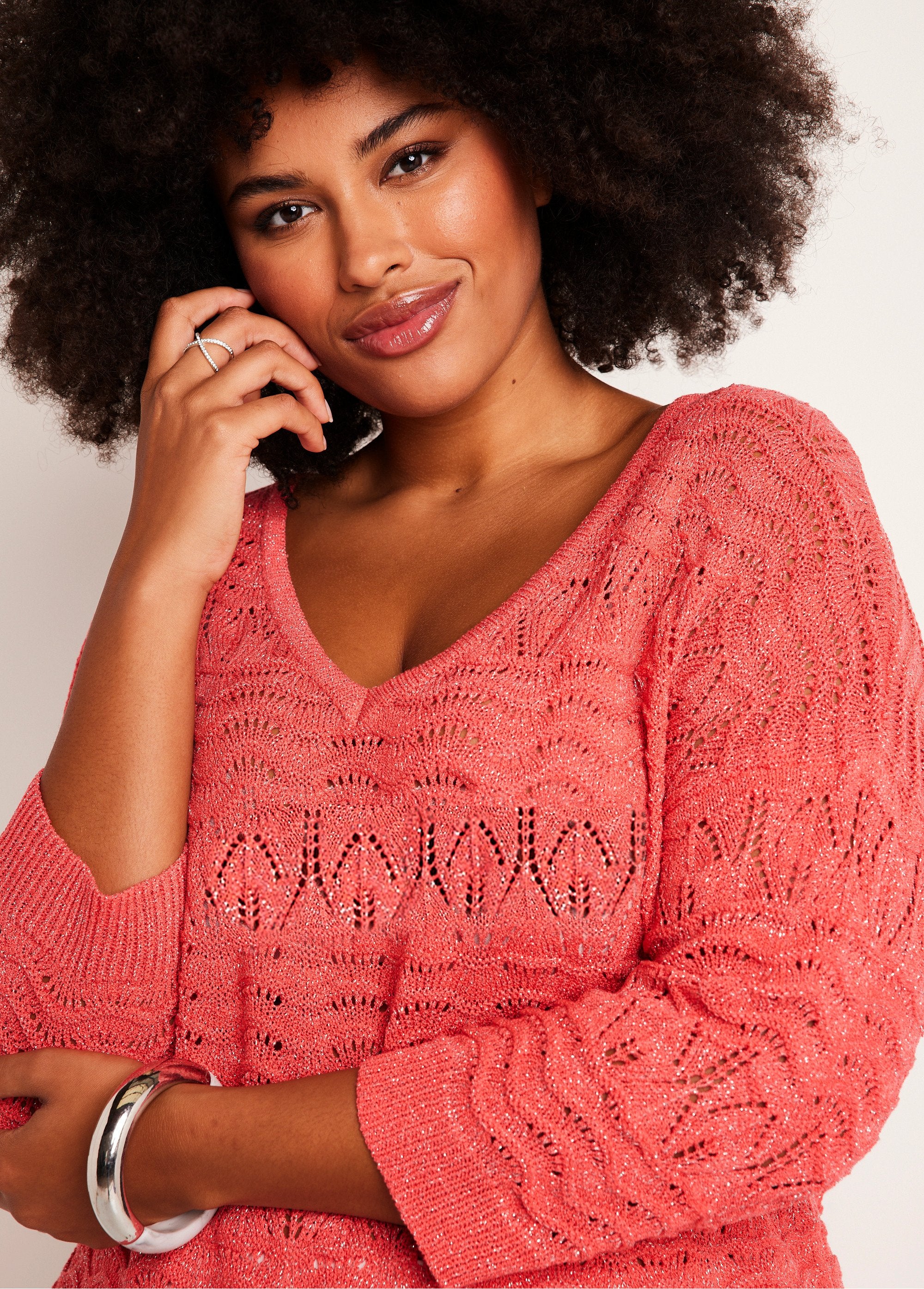 Pull_manches_3/4_motif_ajouré_col_V_Corail_DE1_curvy