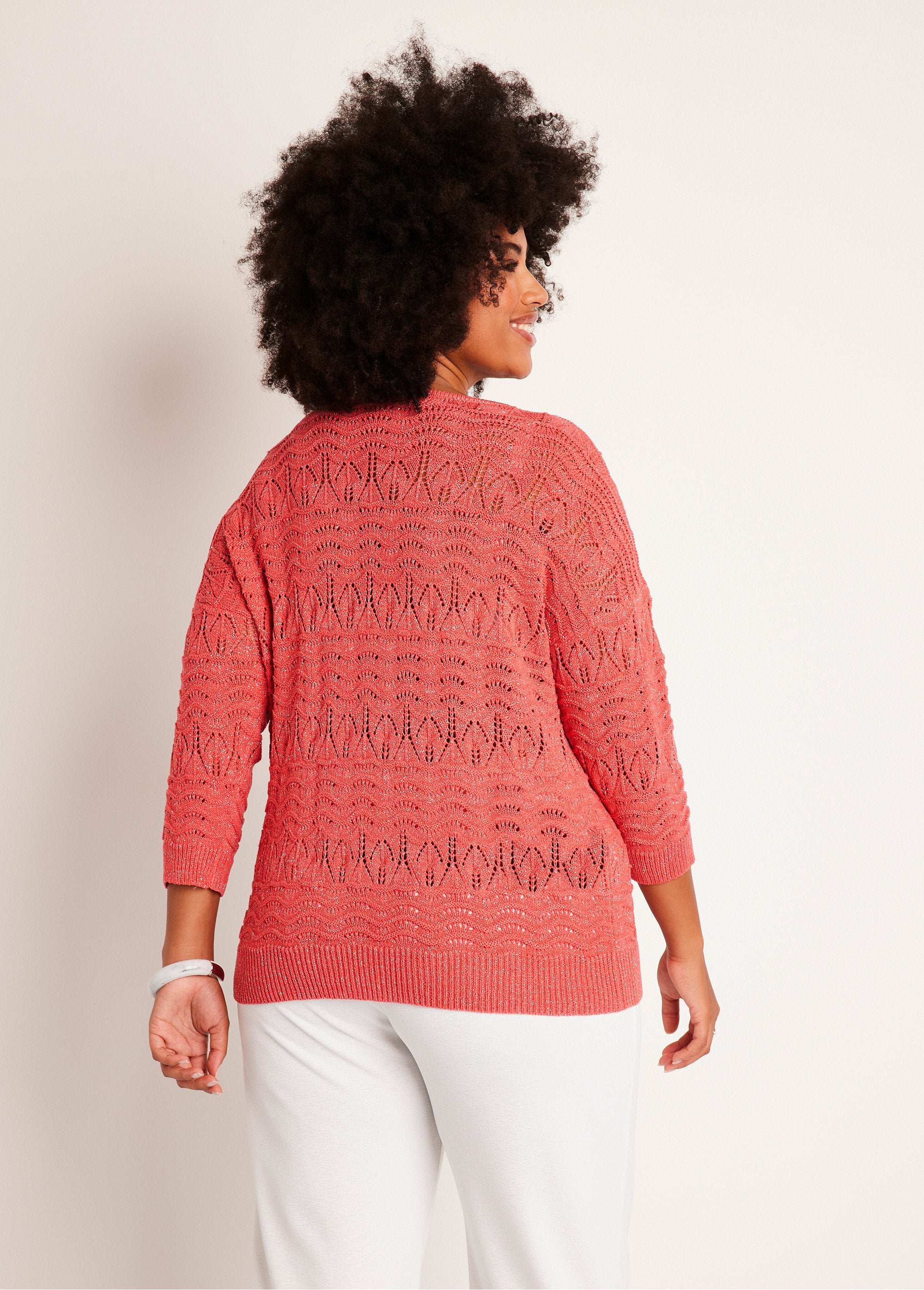 Pull_manches_3/4_motif_ajouré_col_V_Corail_DO1_curvy