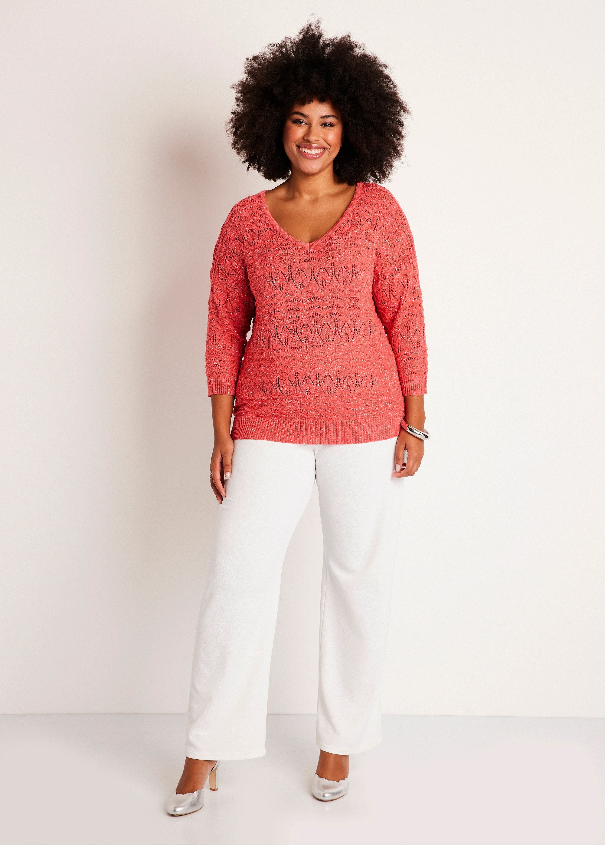 Pull_manches_3/4_motif_ajouré_col_V_Corail_SF1_curvy