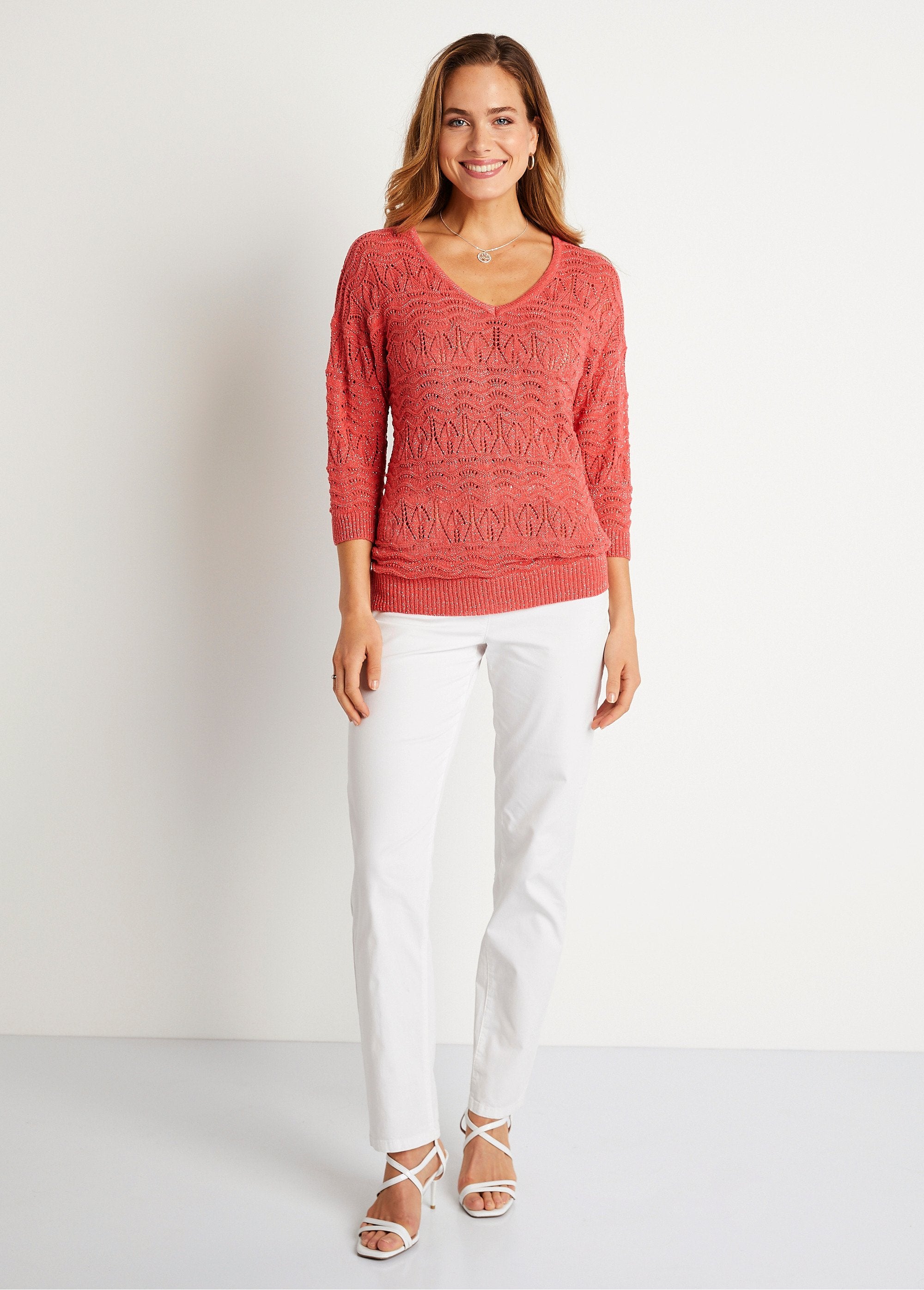 Pull_manches_3/4_motif_ajouré_col_V_Corail_SF1_slim