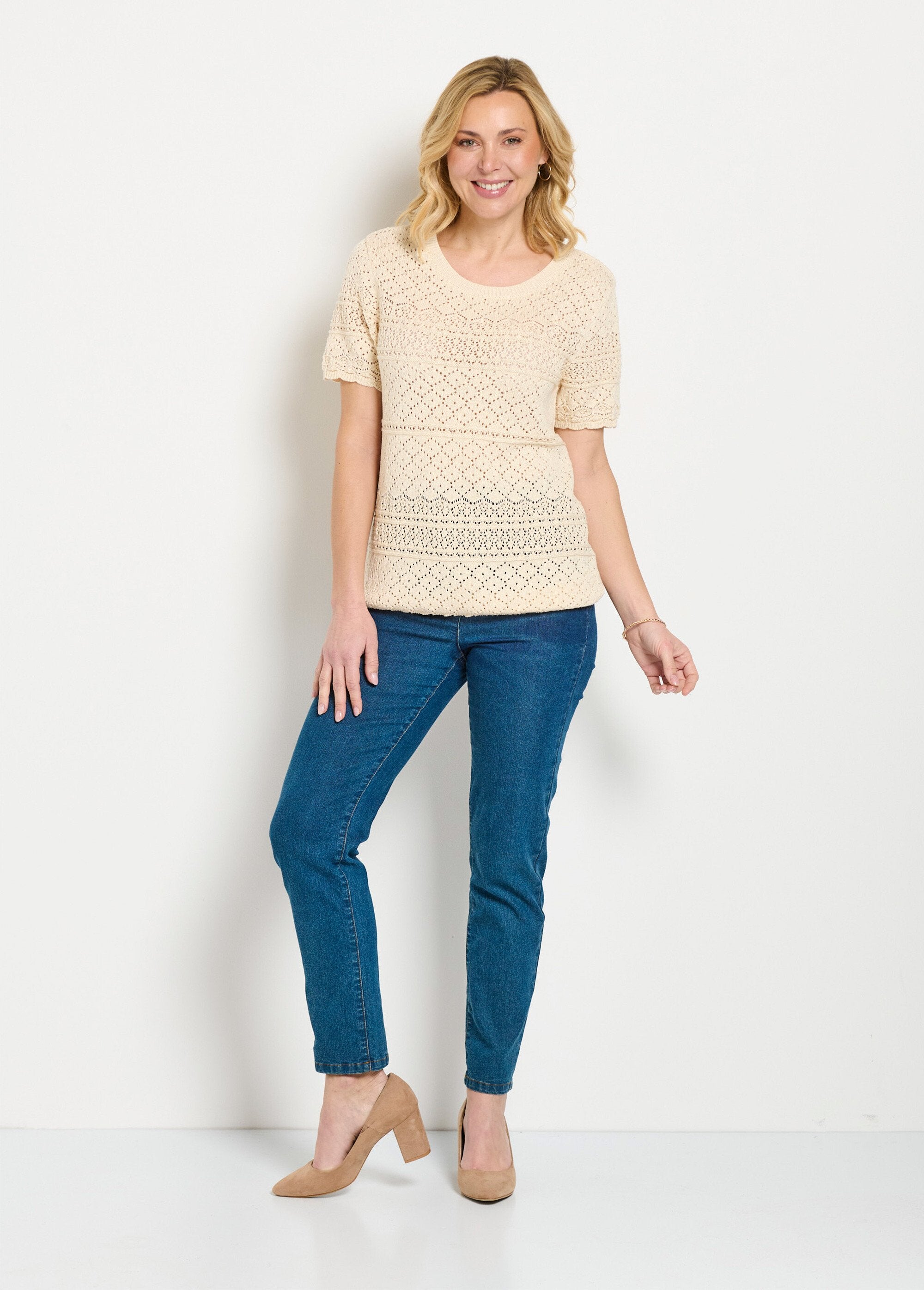 Pull_manches_courtes_blousant_ajouré_col_rond_Ficelle_SF1_slim