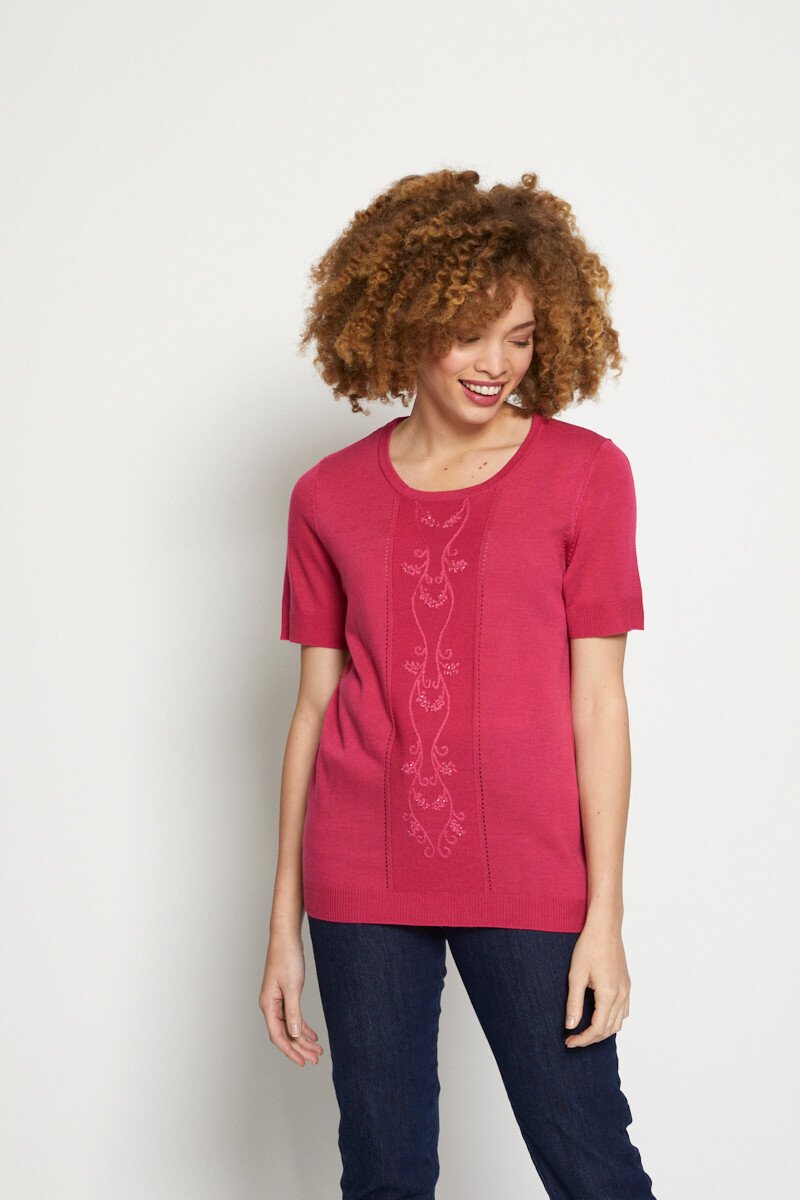 Pull manches courtes fantaisie brodée Cassis | Afibel