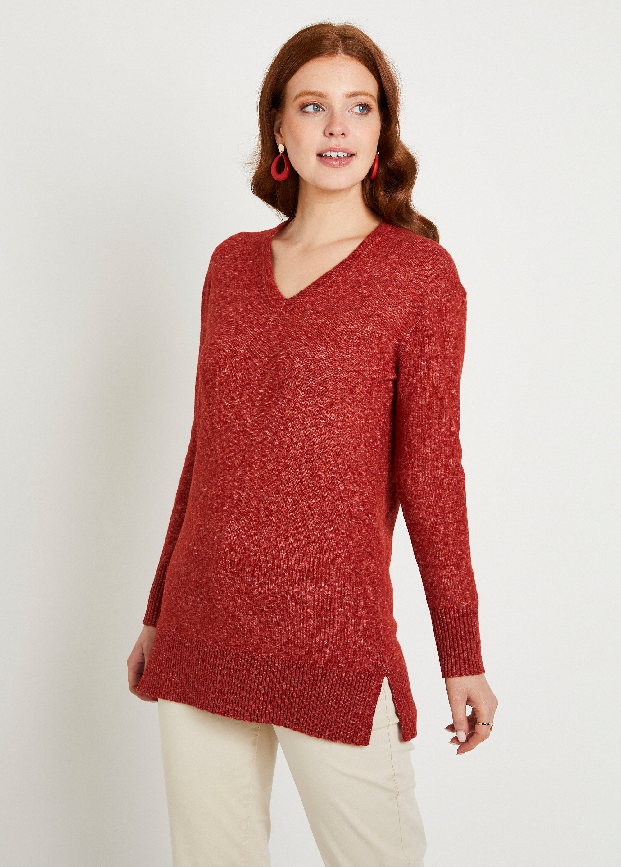 Long V-neck mottled wool tunic sweater Brick Afibel