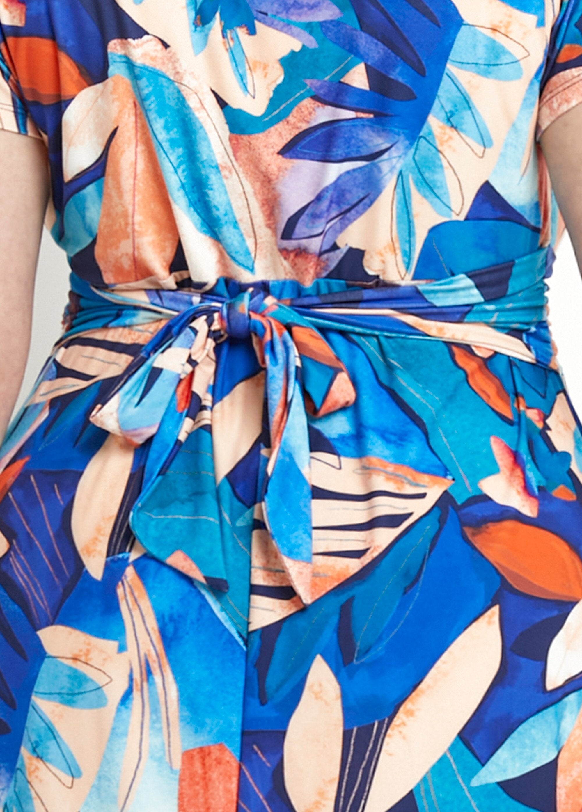 Robe_courte_col_V_effet_drapé_imprimé_feuillage_Bleu_et_orange_DE2_curvy
