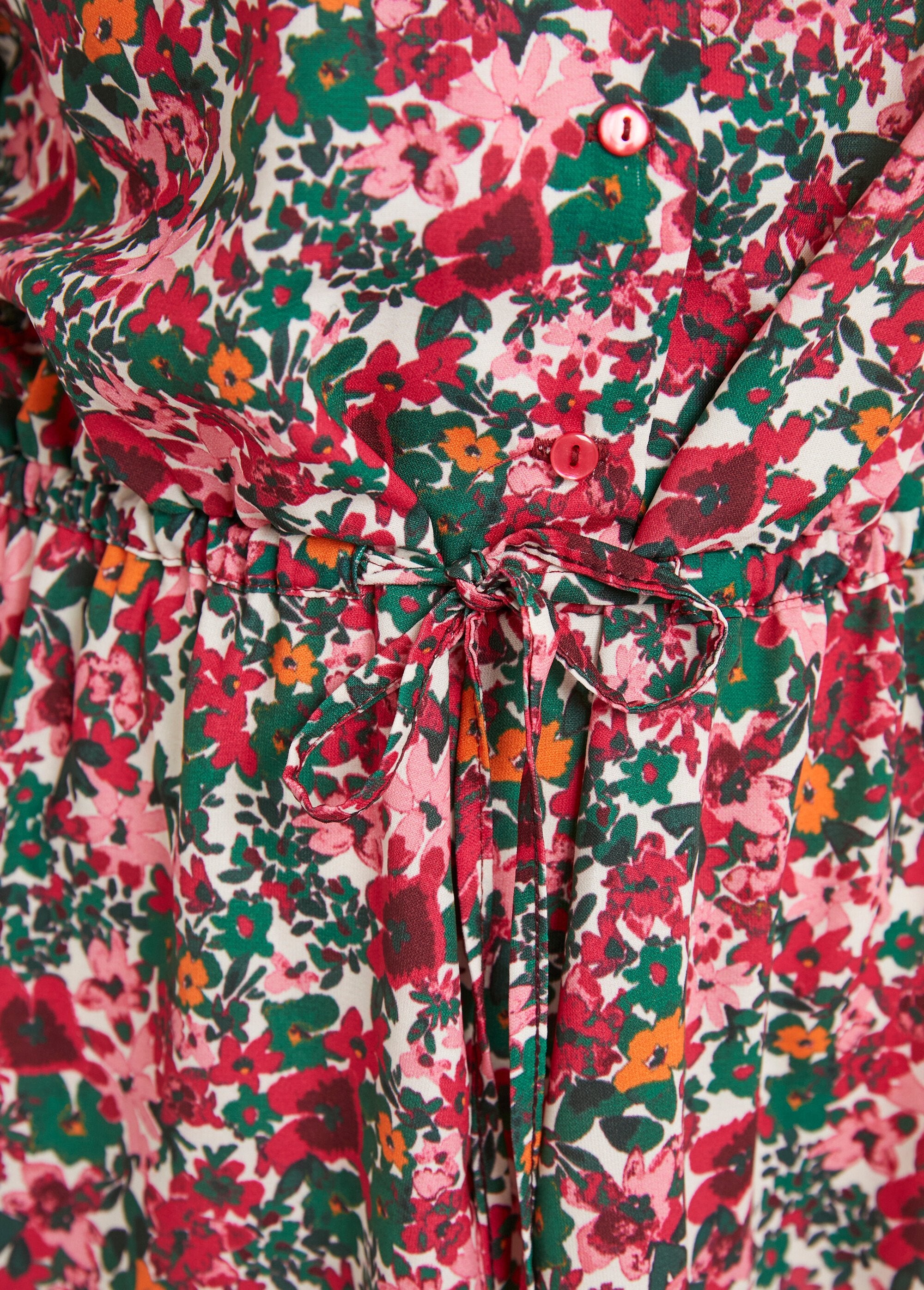 Robe_courte_évasée_fleurie_col_V_boutonné_Rose_et_vert_DE3_slim